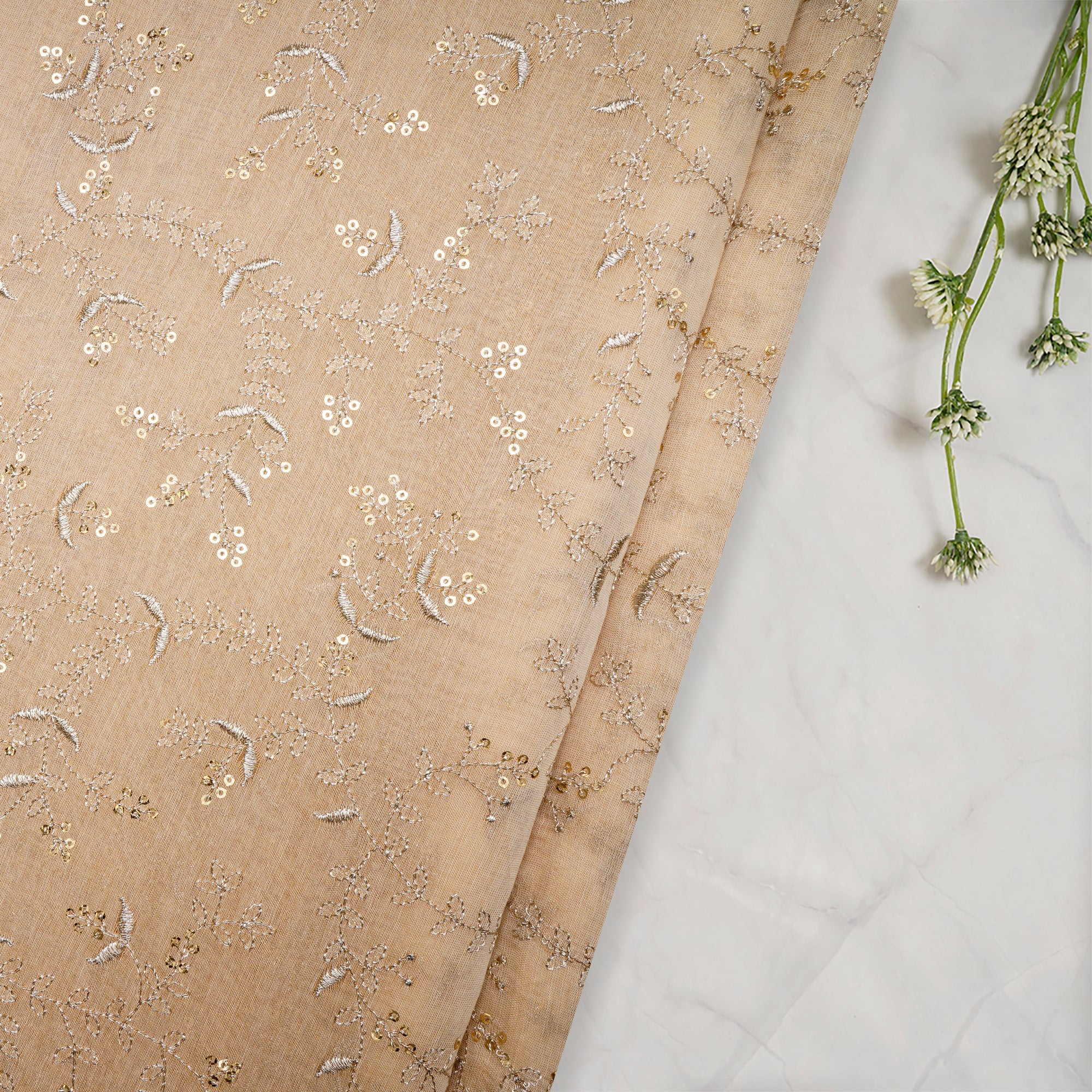 (Pre-Cut 2.60 Mtr)Gold Dyeable All Over Pattern Zari Sequins Embroidered Tissue Chanderi Fabric