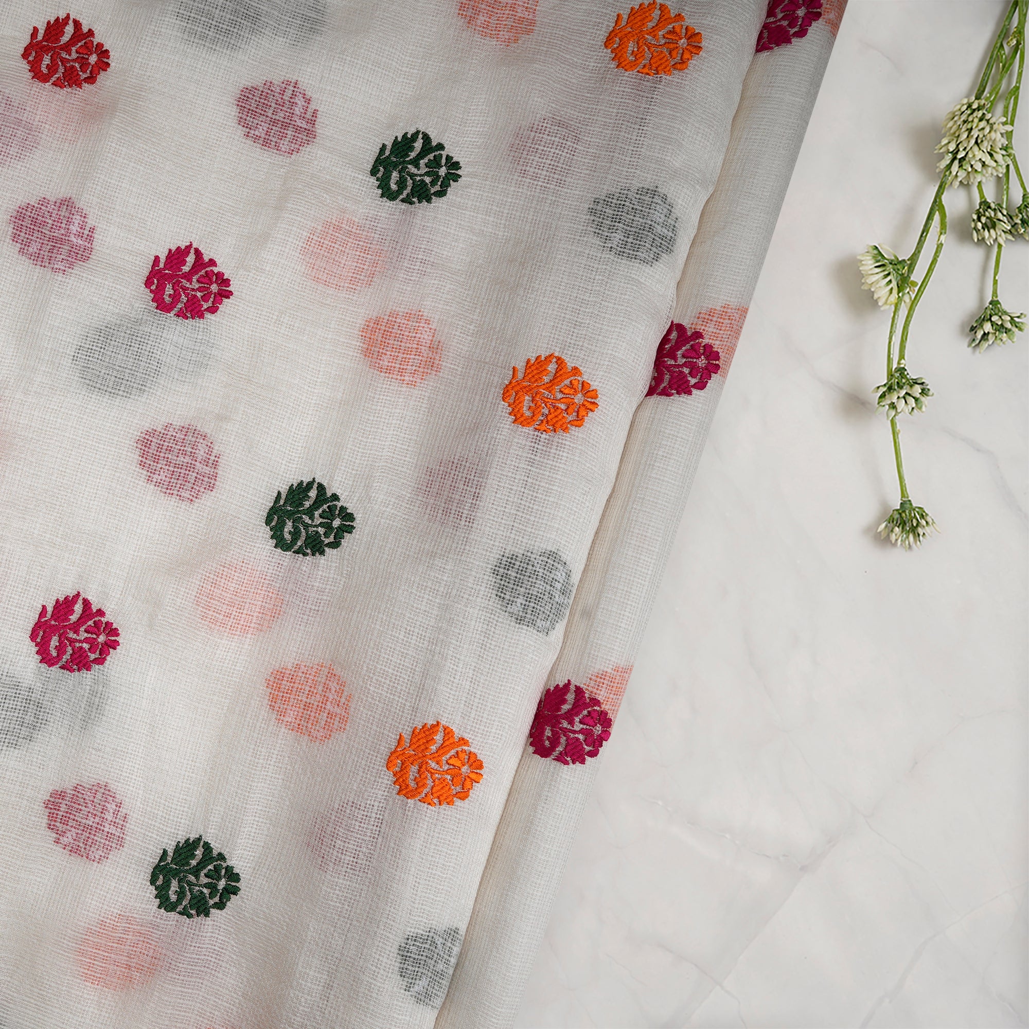 (Pre-Cut 3.15 Mtr)White Dyeable Motif Pattern Thread Embroidered Kota Silk Fabric