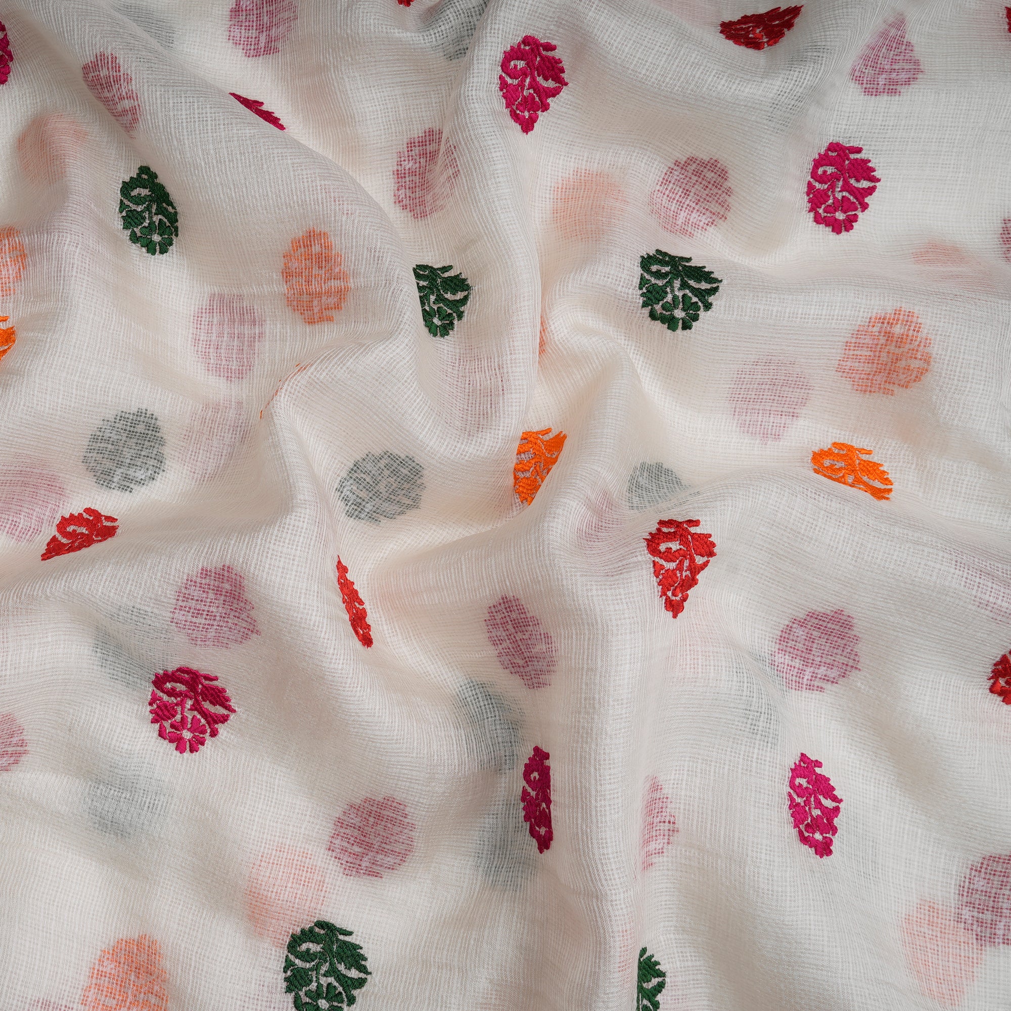 (Pre-Cut 3.15 Mtr)White Dyeable Motif Pattern Thread Embroidered Kota Silk Fabric