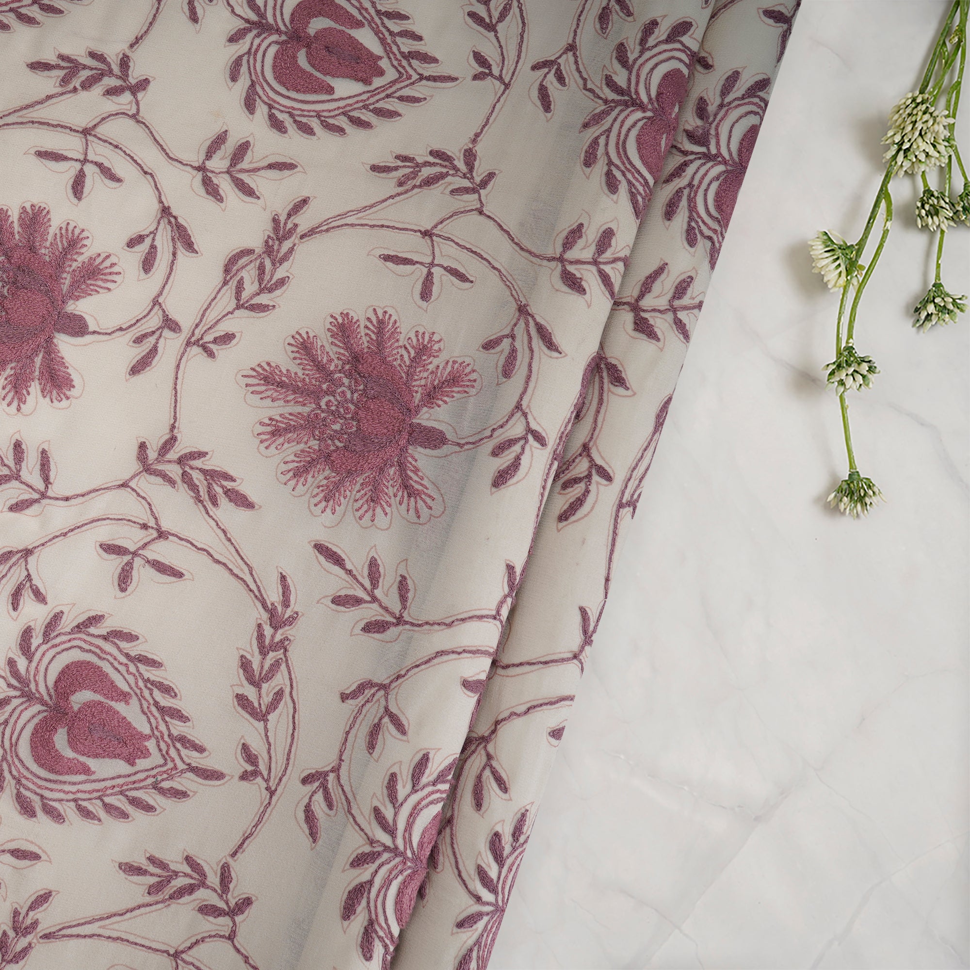(Pre-Cut 0.80 Mtr) Off-White Dyeable Pink Floral Pattern Thread Embroidered Silk Fabric