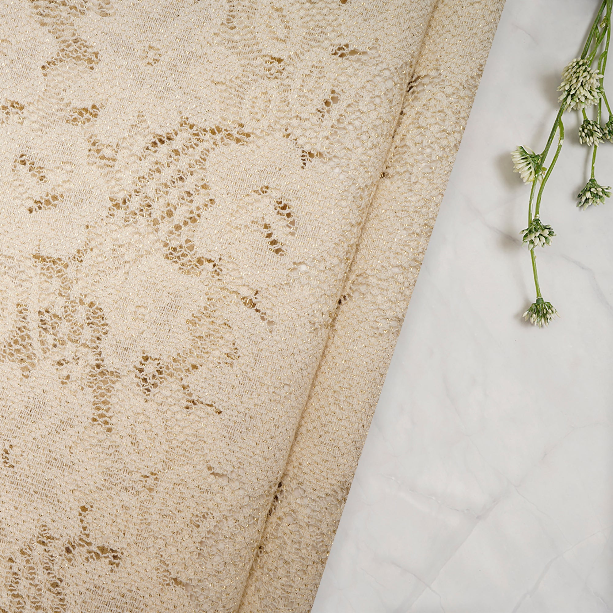(Pre-Cut 1.50 Mtr)Off White Color Cotton Net Jacquard Fabric