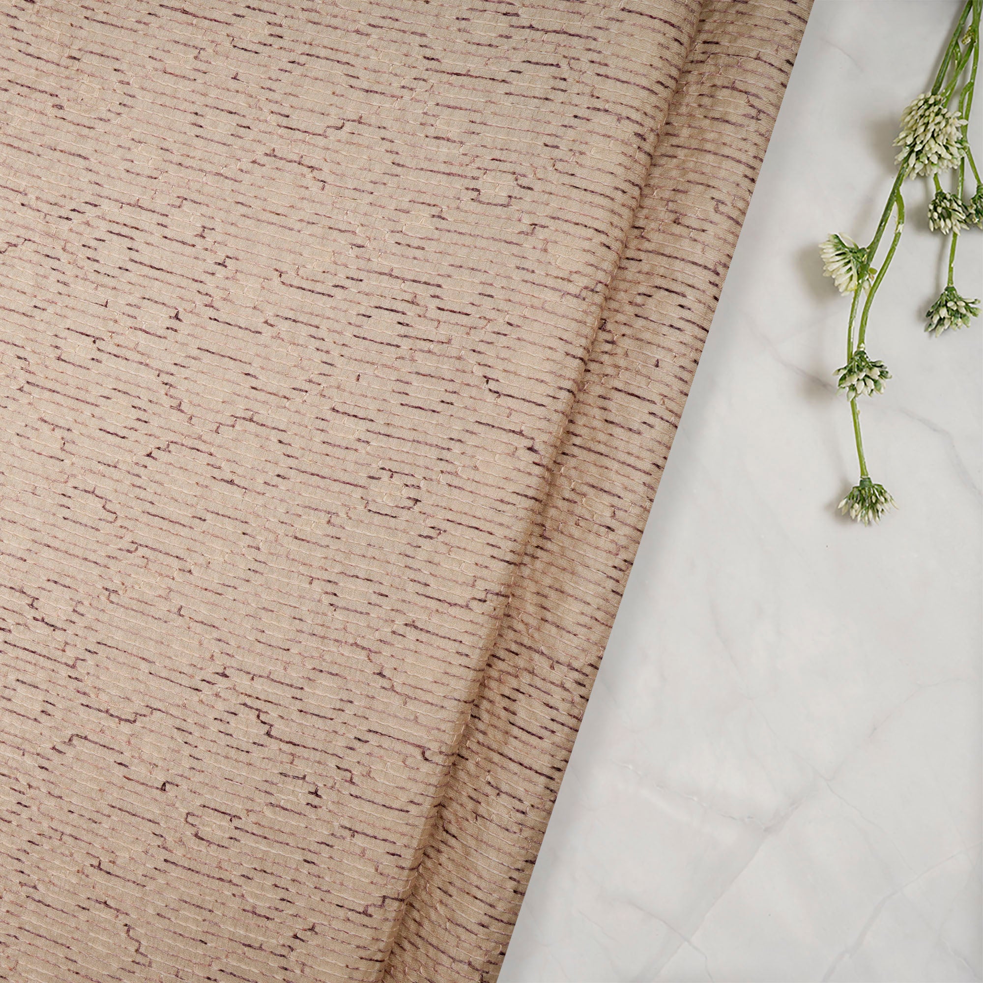 (Pre-Cut 1.35 Mtr)Beige-Purple Geometric Pattern Thread Embroidered Viscose Tusser Fabric