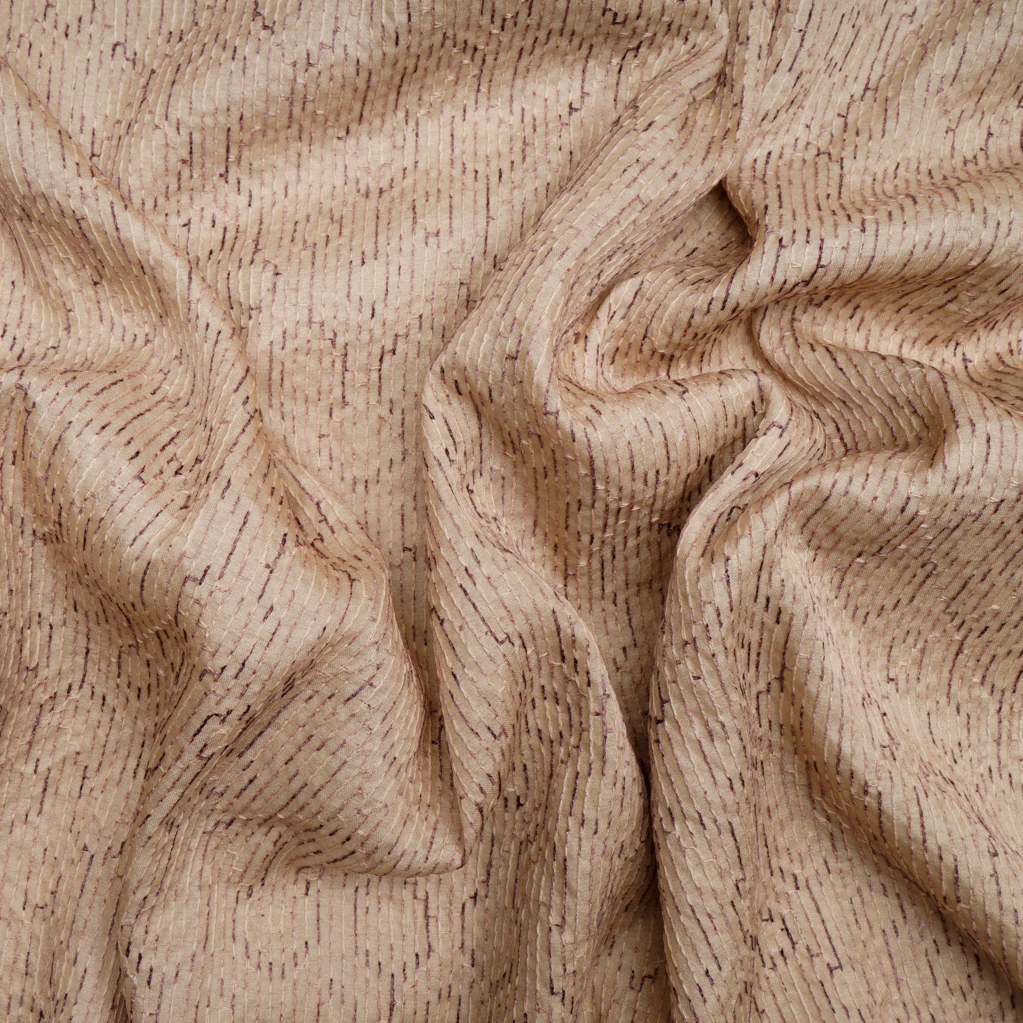 (Pre-Cut 1.35 Mtr)Beige-Purple Geometric Pattern Thread Embroidered Viscose Tusser Fabric