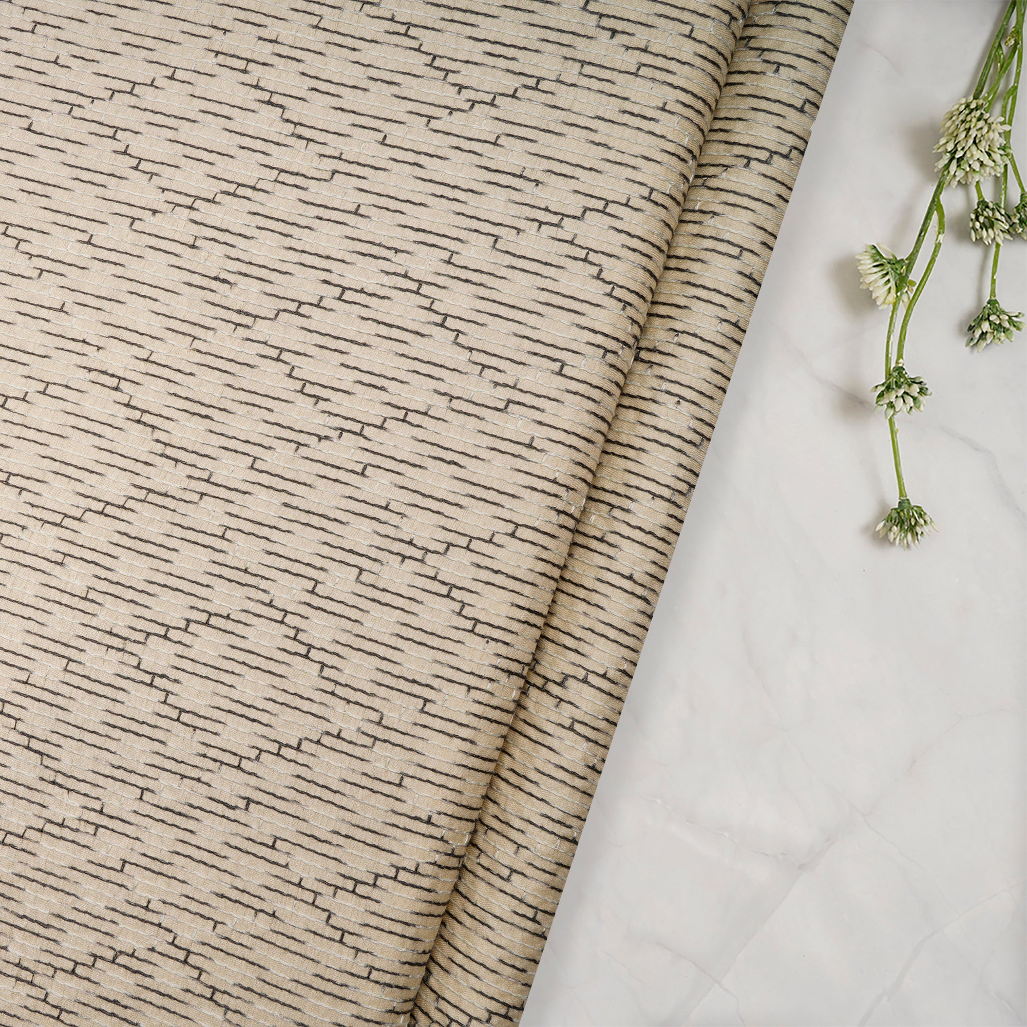 (Pre-Cut 1.50 Mtr)Beige-Black Geometric Pattern Thread Embroidered Viscose Tusser Fabric