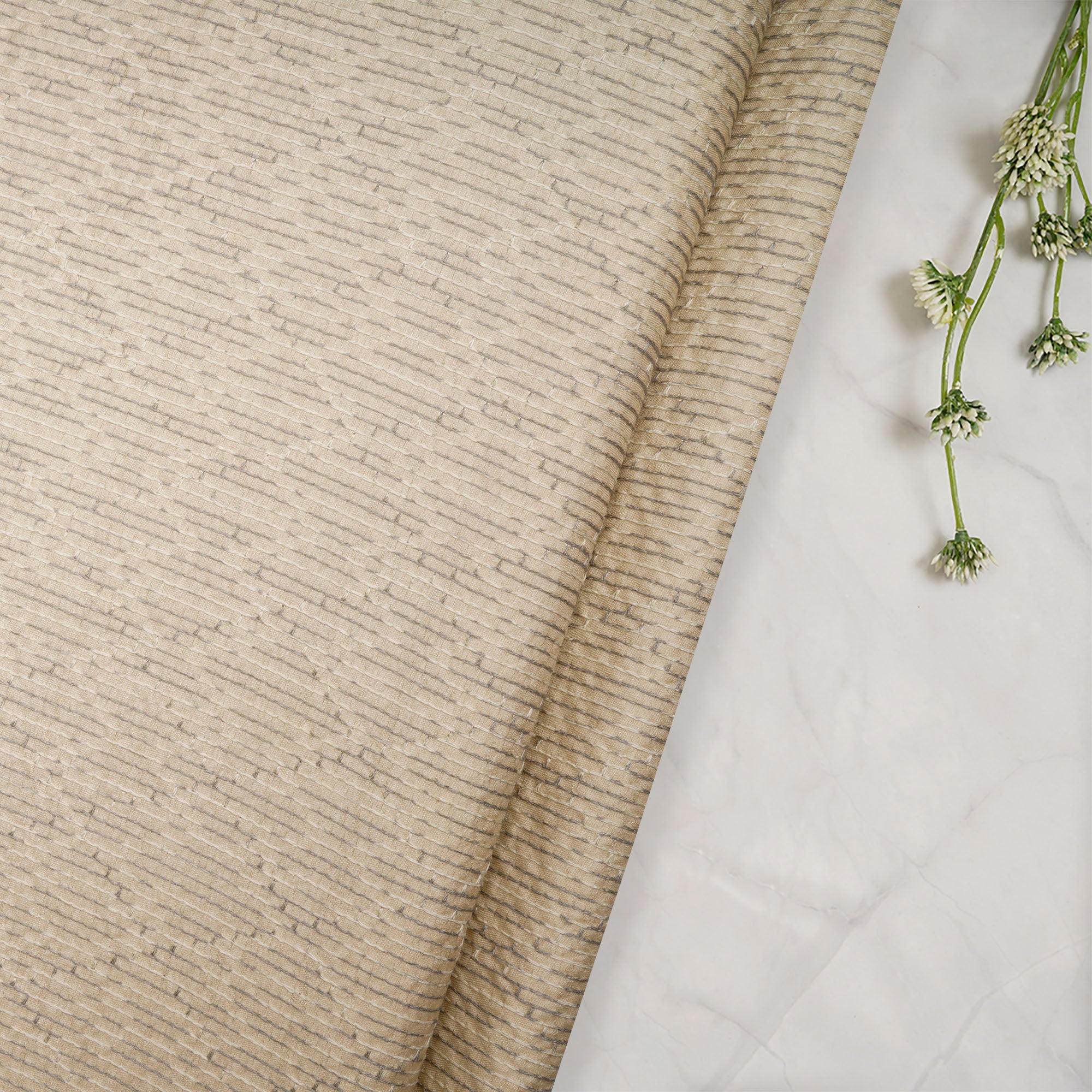 (Pre-Cut 1.60 Mtr)Beige-Grey Geometric Pattern Thread Embroidered Viscose Tusser Fabric