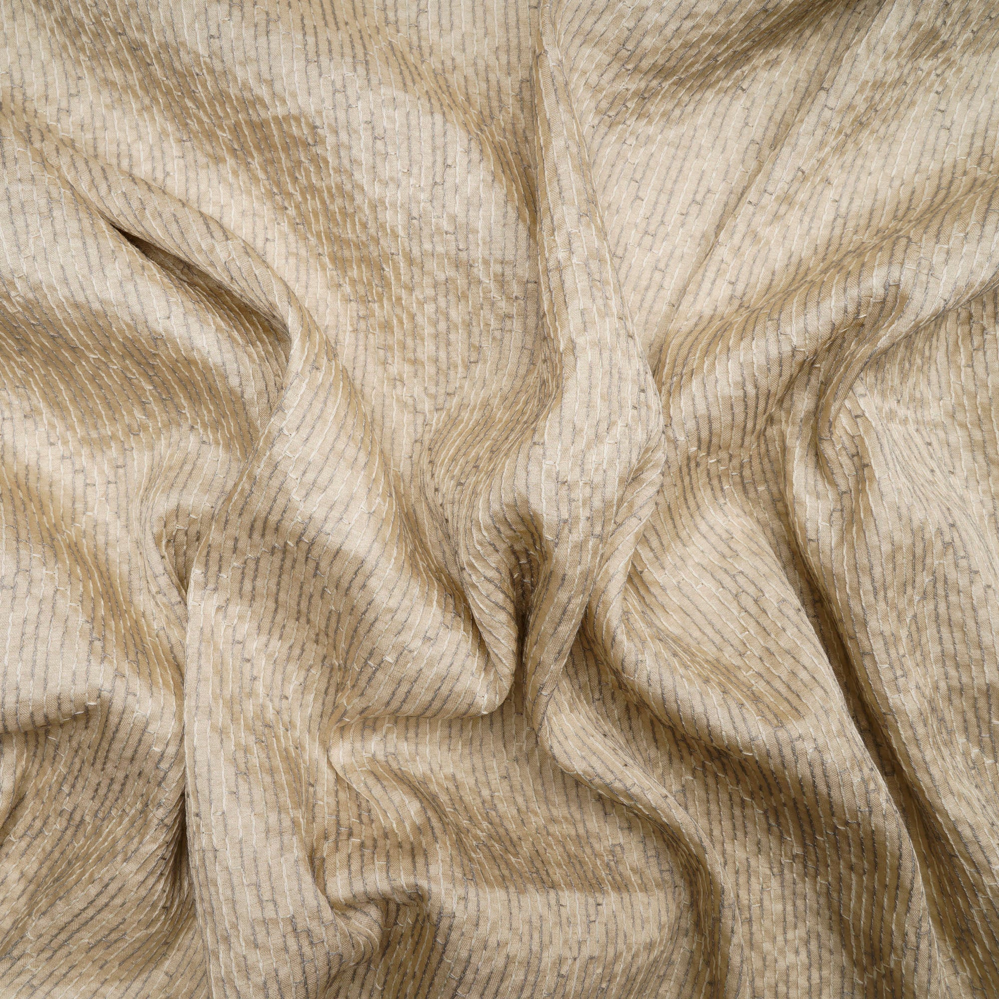 (Pre-Cut 1.60 Mtr)Beige-Grey Geometric Pattern Thread Embroidered Viscose Tusser Fabric