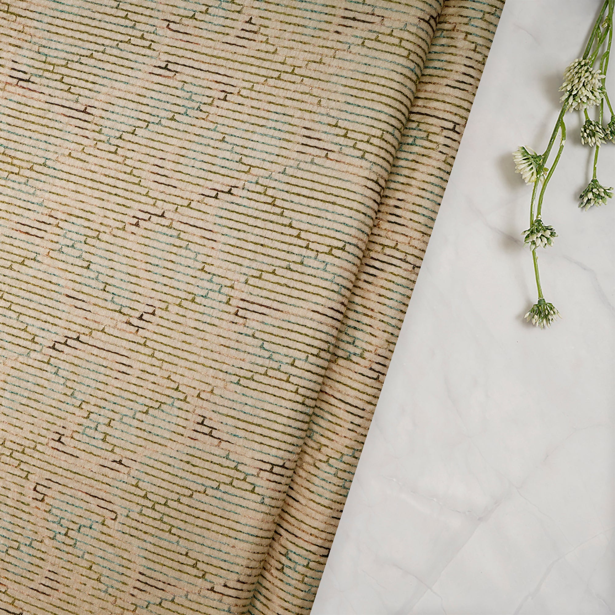 (Pre-Cut 1.65 Mtr)Beige-Green Geometric Pattern Thread Embroidered Viscose Tusser Fabric