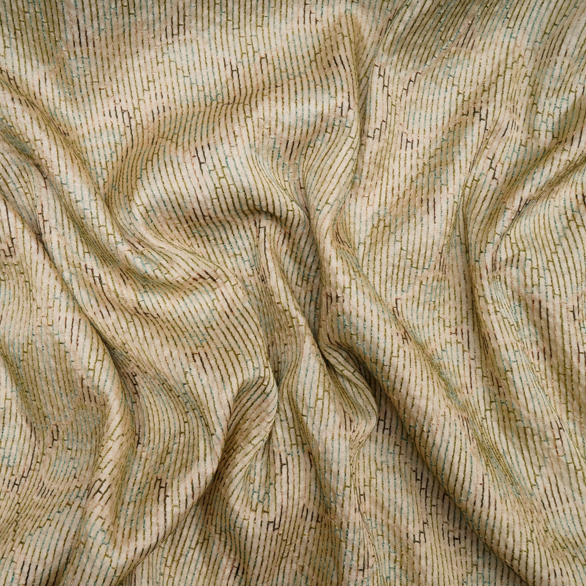 (Pre-Cut 1.65 Mtr)Beige-Green Geometric Pattern Thread Embroidered Viscose Tusser Fabric