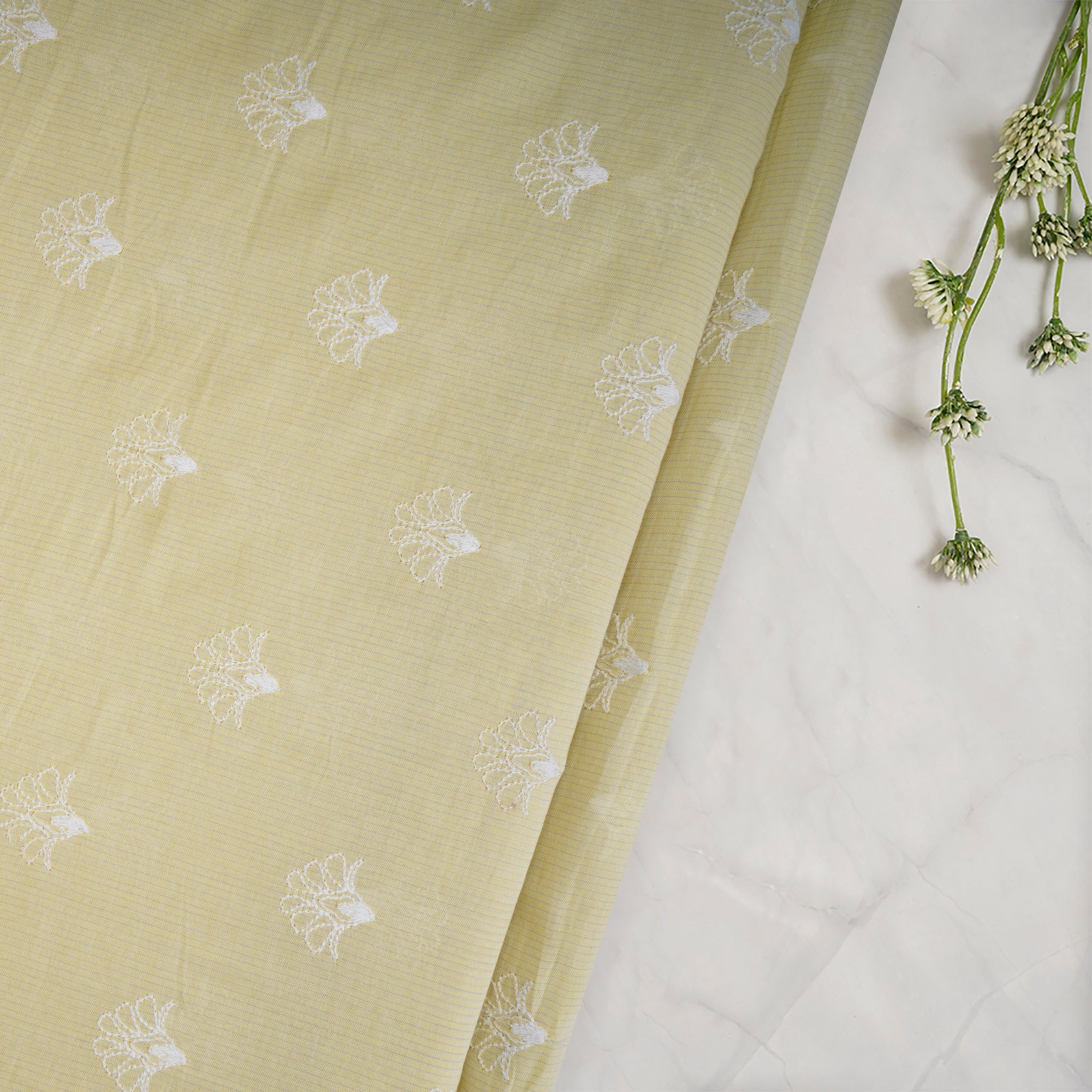 (Pre-Cut 4.90 Mtr) Yellow -White Motif Pattern Thread Embroidered Cotton Fabric