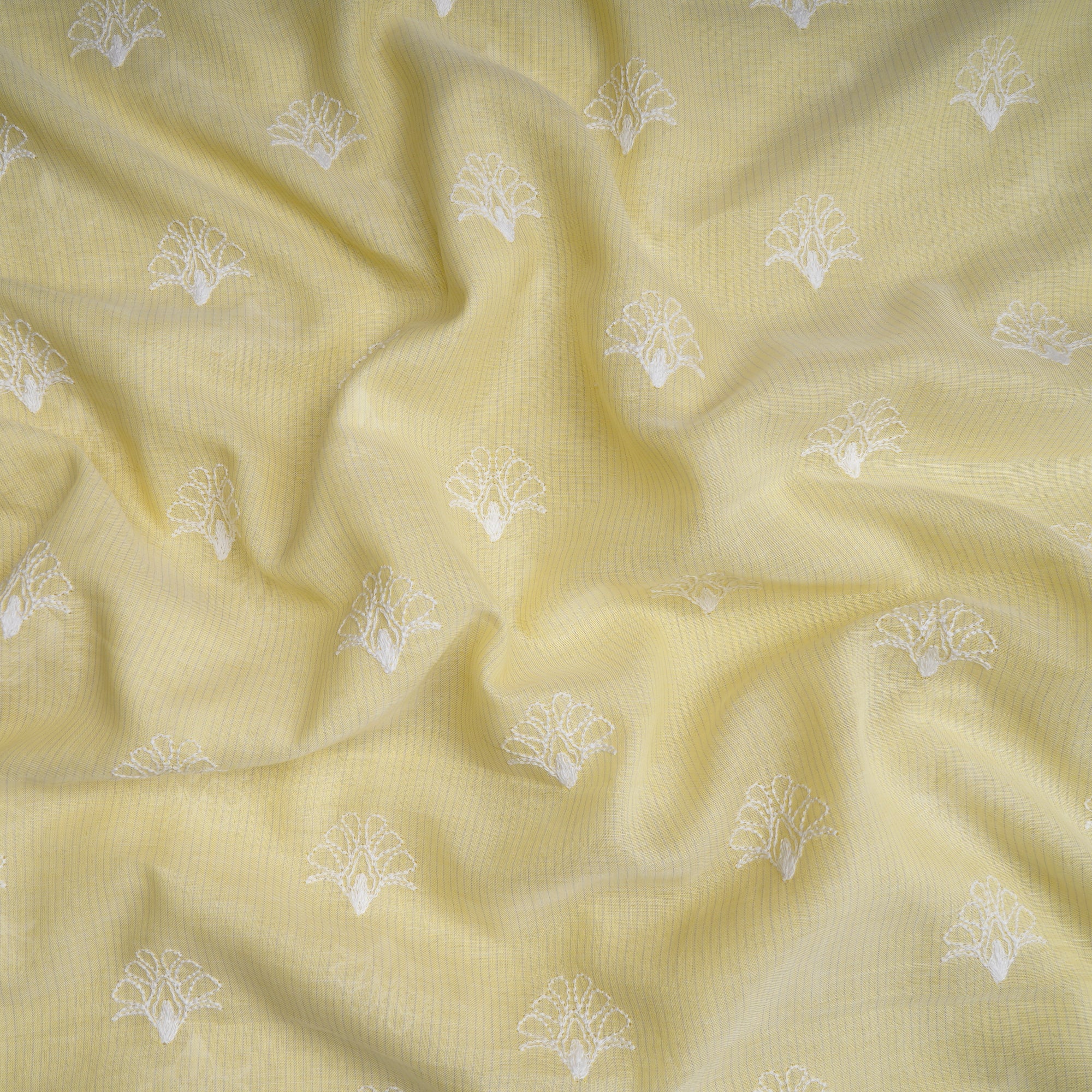 (Pre-Cut 4.90 Mtr) Yellow -White Motif Pattern Thread Embroidered Cotton Fabric