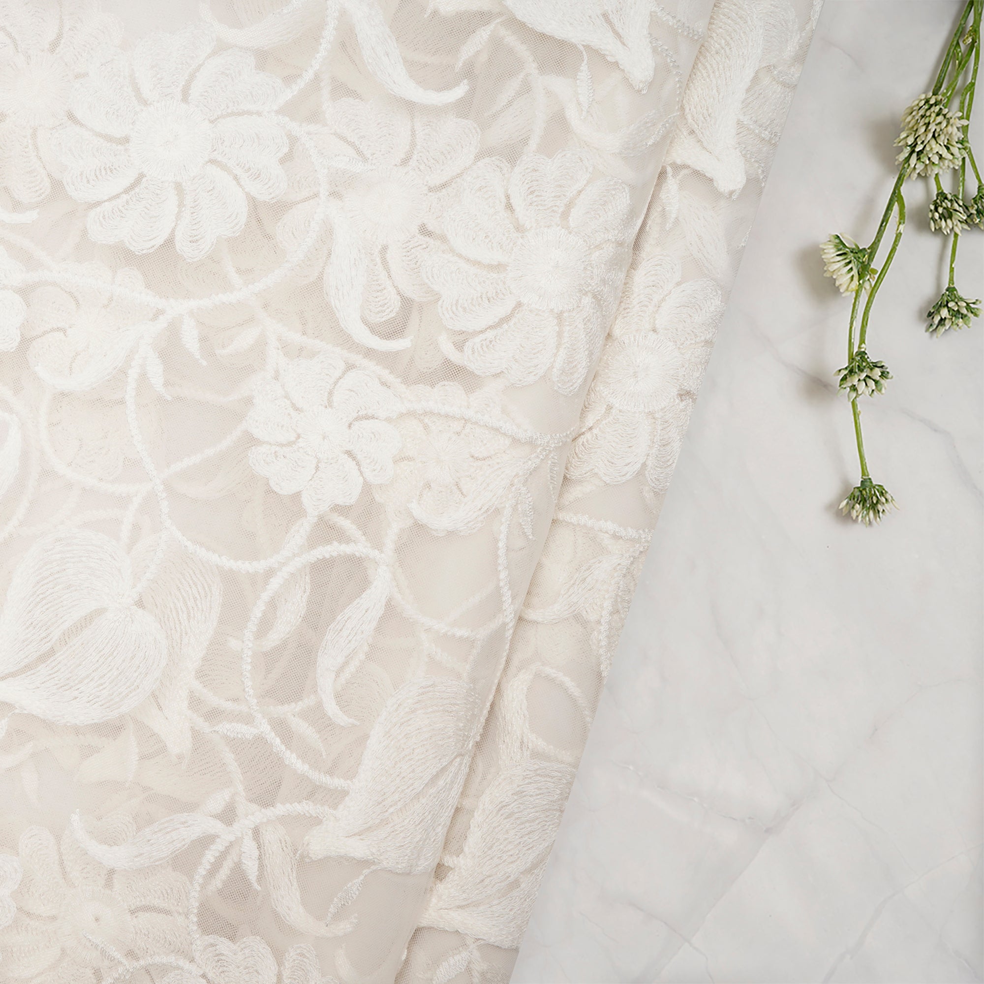 (Pre-Cut 4.00 Mtr) White Dyeable Floral Pattern Thread Embroidered Nylon Net Fabric