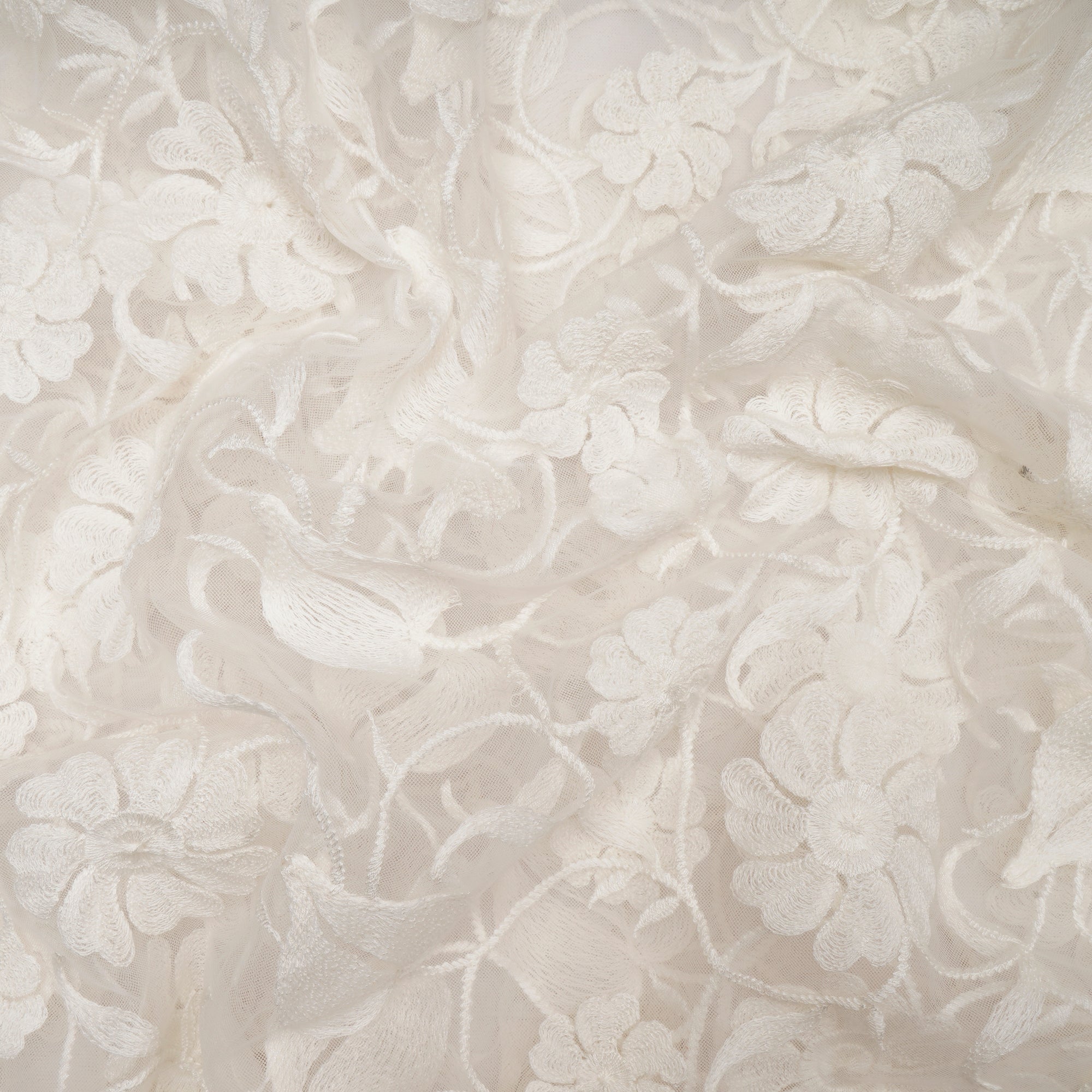(Pre-Cut 4.00 Mtr) White Dyeable Floral Pattern Thread Embroidered Nylon Net Fabric