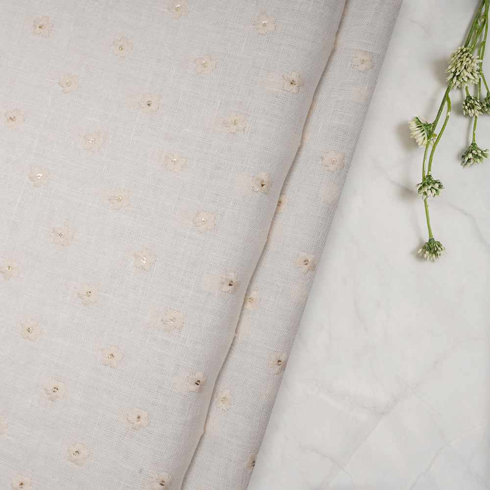 (Pre-Cut 1.75 Mtr)White Dyeable All Over Pattern Thread & Sequins Embroidered Cotton Linen Fabric