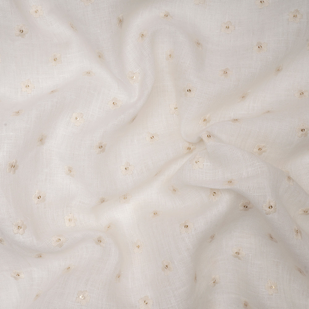 (Pre-Cut 1.75 Mtr)White Dyeable All Over Pattern Thread & Sequins Embroidered Cotton Linen Fabric