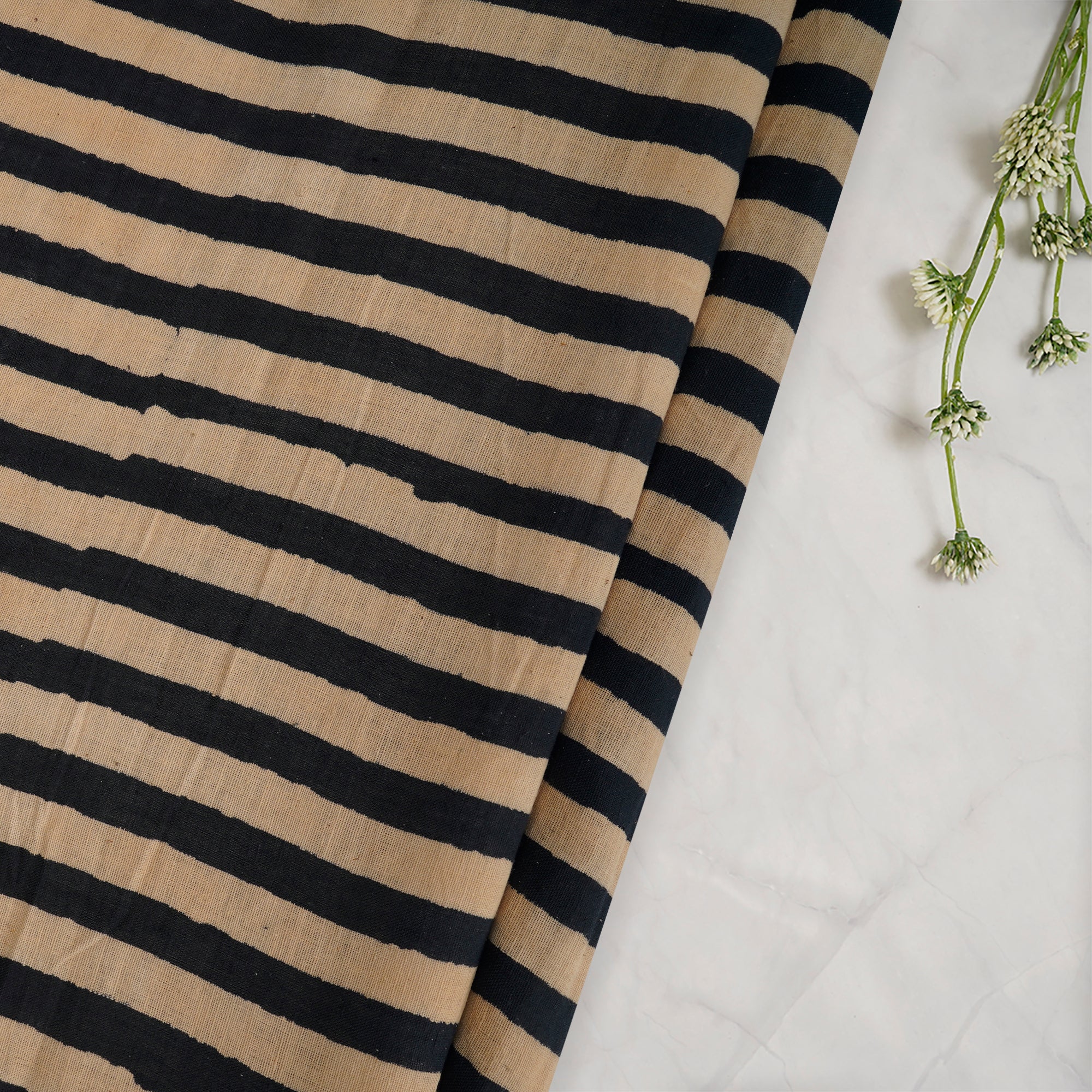 (Pre-Cut 1.35 Mtr) Black-Cream Stripe Pattern Cotton Flax Fabric