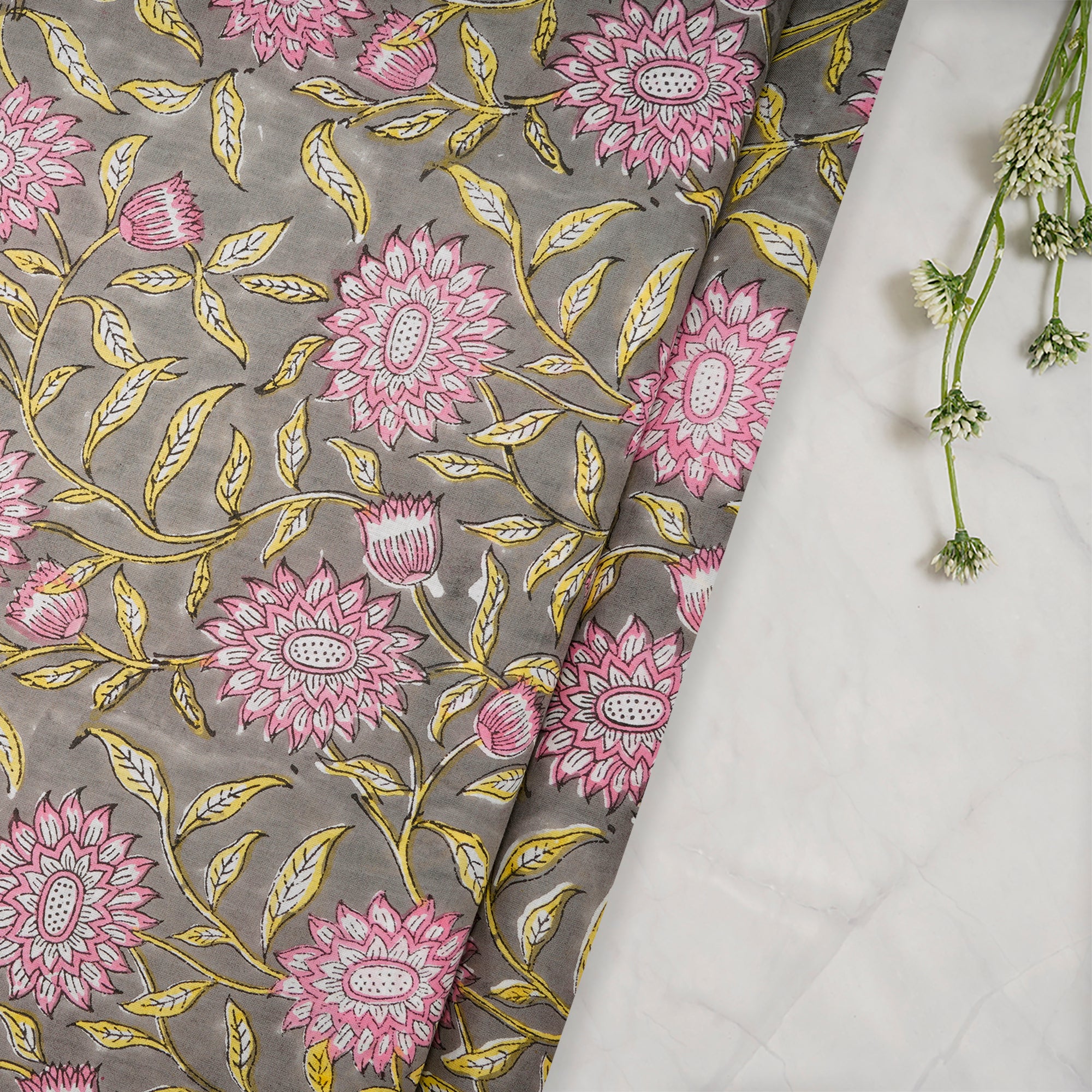 (Pre-Cut 0.90Mtr)London Fog Floral Pattern Natural Dye Hand Block Bagru Printed Cotton Fabric