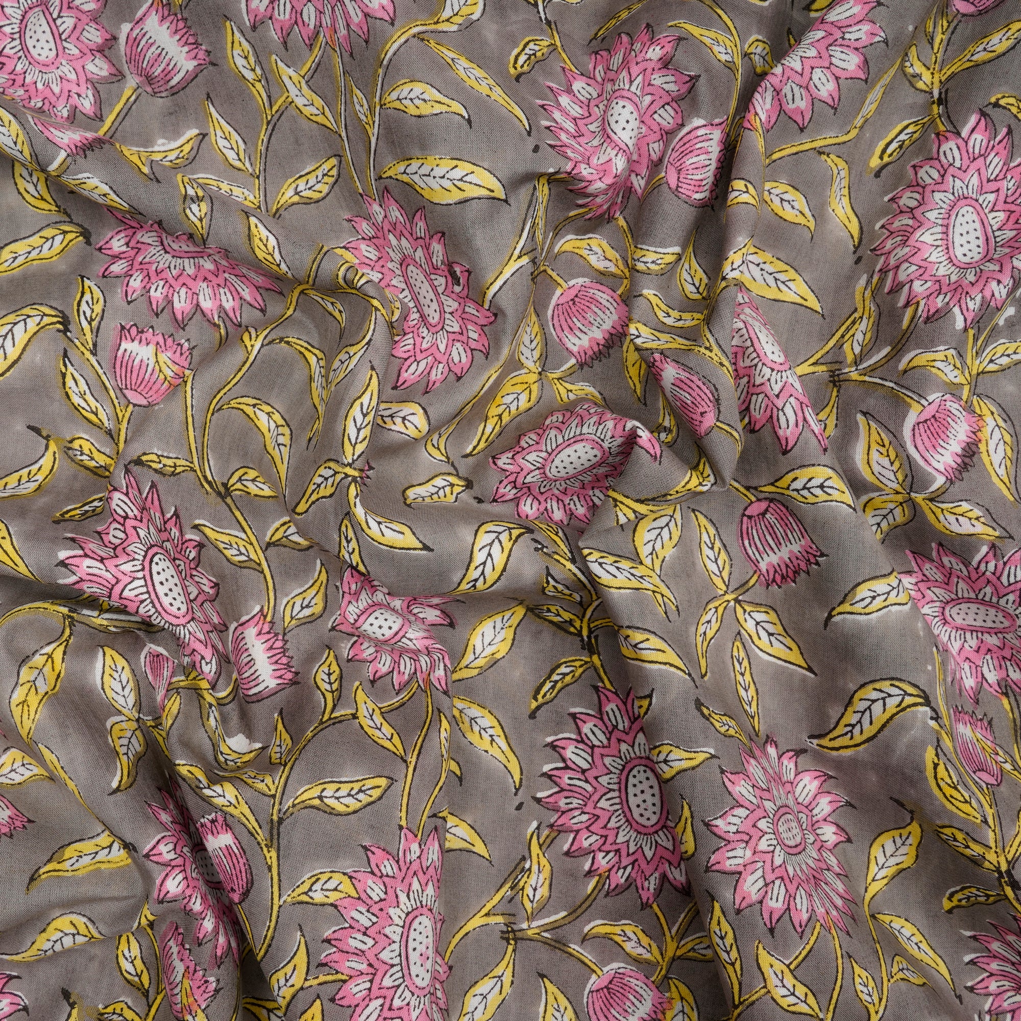 (Pre-Cut 0.90Mtr)London Fog Floral Pattern Natural Dye Hand Block Bagru Printed Cotton Fabric