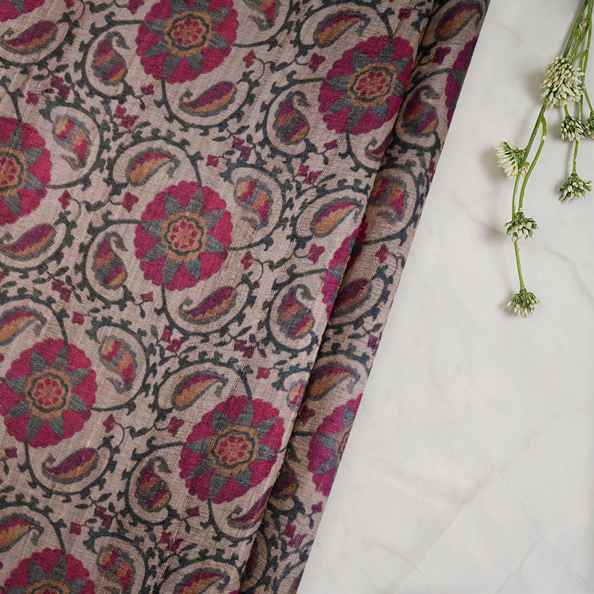 (Pre-Cut 2.05 Mtr)Beige-Pink Floral Pattern Digital Printed Silk Fabric