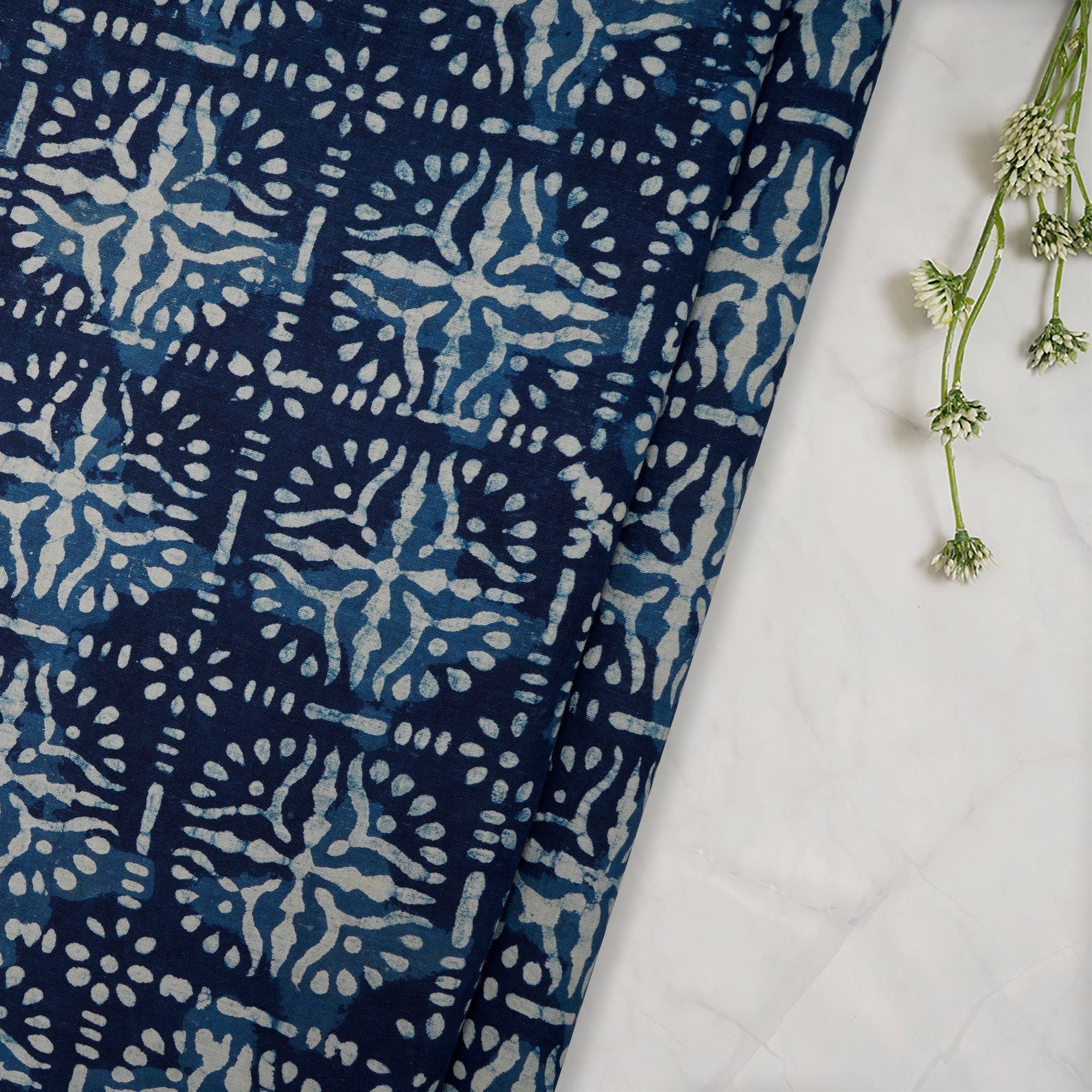 (Pre-Cut 2.80 Mtr)Blue Hand Block Bagru Natural Dye Indigo Printed Cotton Fabricprecuts&&2047