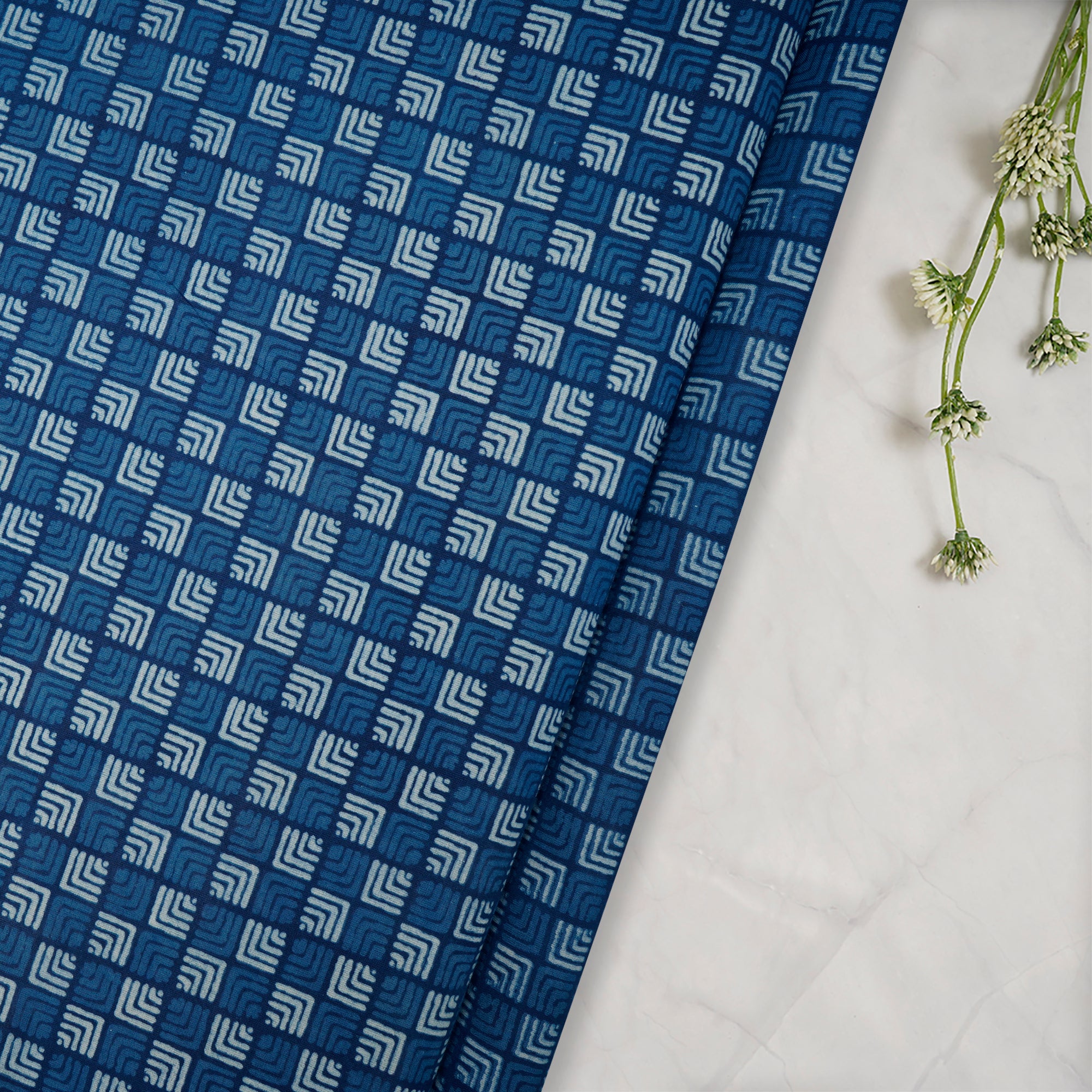 (Pre-Cut 3.10 Mtr)Blue Hand Block Bagru Natural Dye Indigo Printed Cotton Fabricprecuts&&2049