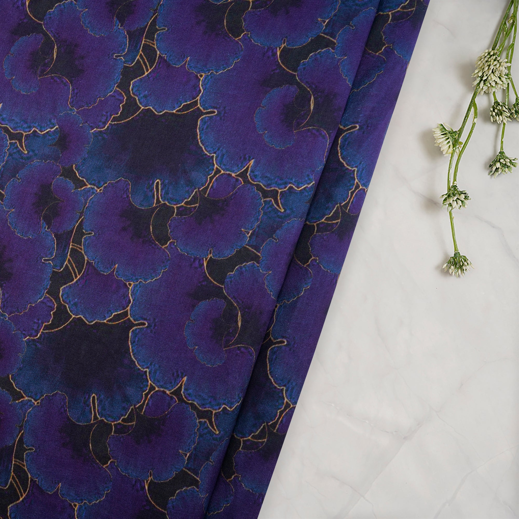 (Pre-Cut 4.25 Mtr)Purple-Blue Floral Pattern Digital Printed Pure Chanderi Fabric