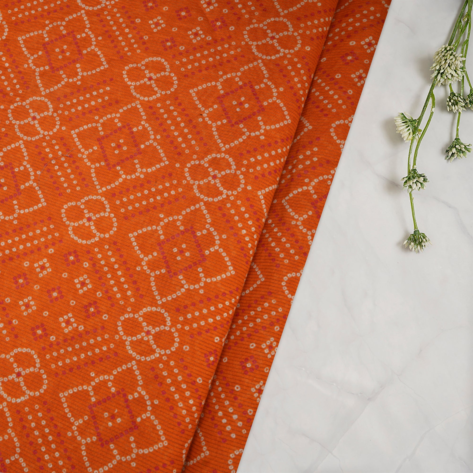 (Pre-Cut 2.00 Mtr)Orange Bandhani Parrten Digital Print Fancy Chanderi Fabric