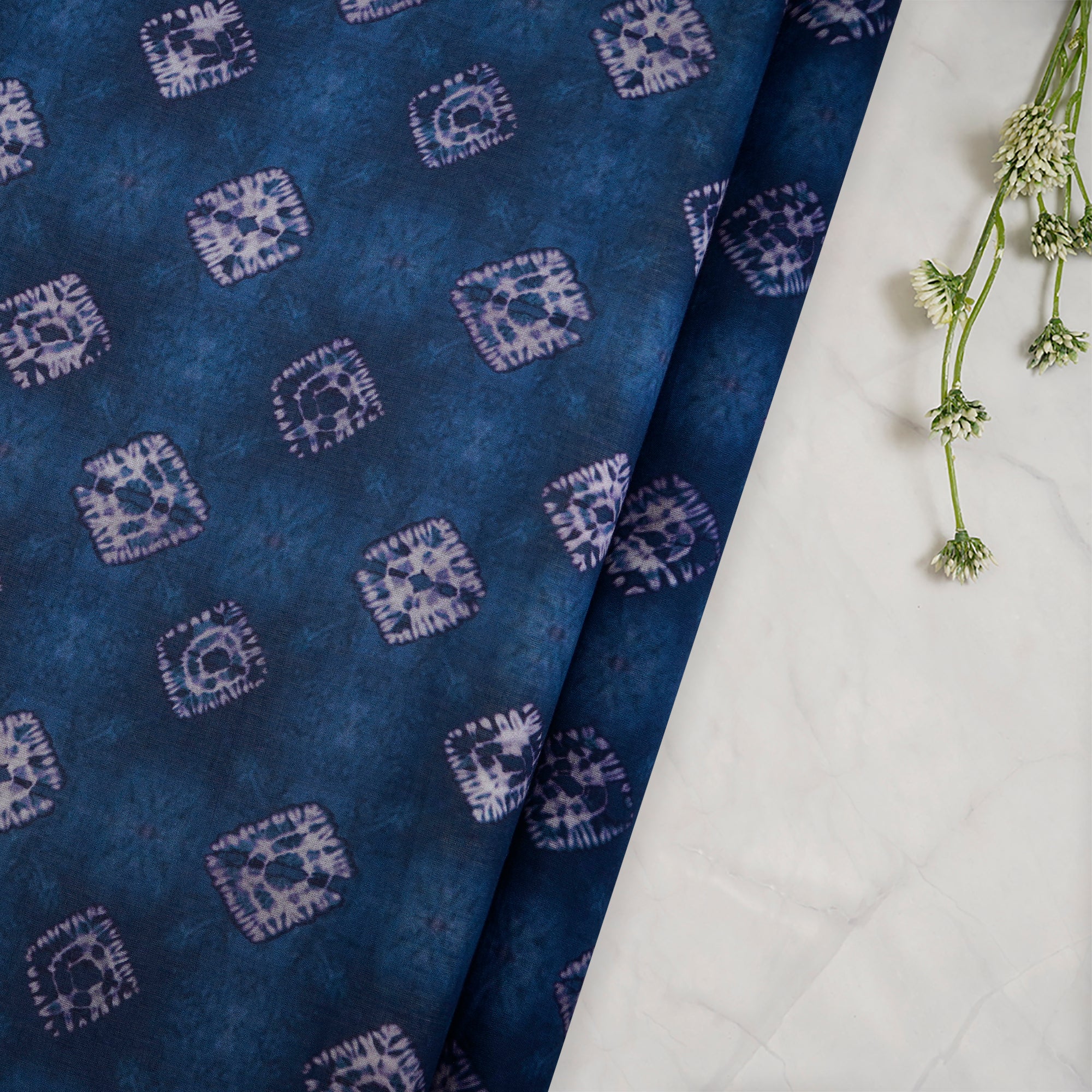 (Pre-Cut 1.70 Mtr)Navy Blue Shibori Pattern Digital Print Voile Cotton Fabric