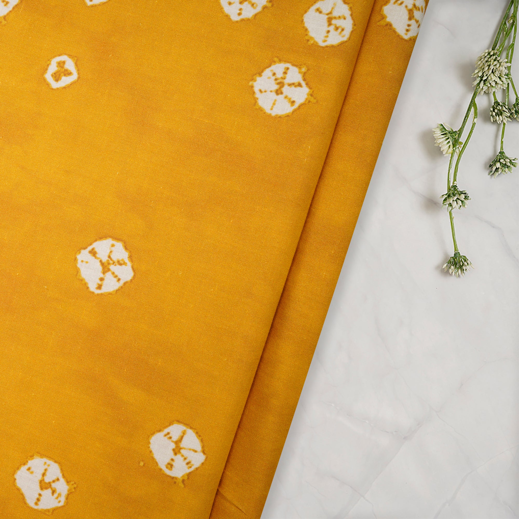 (Pre-Cut 3.50Mtr)Yellow Bandhani Pattern Digital Print Fancy Linen Fabric