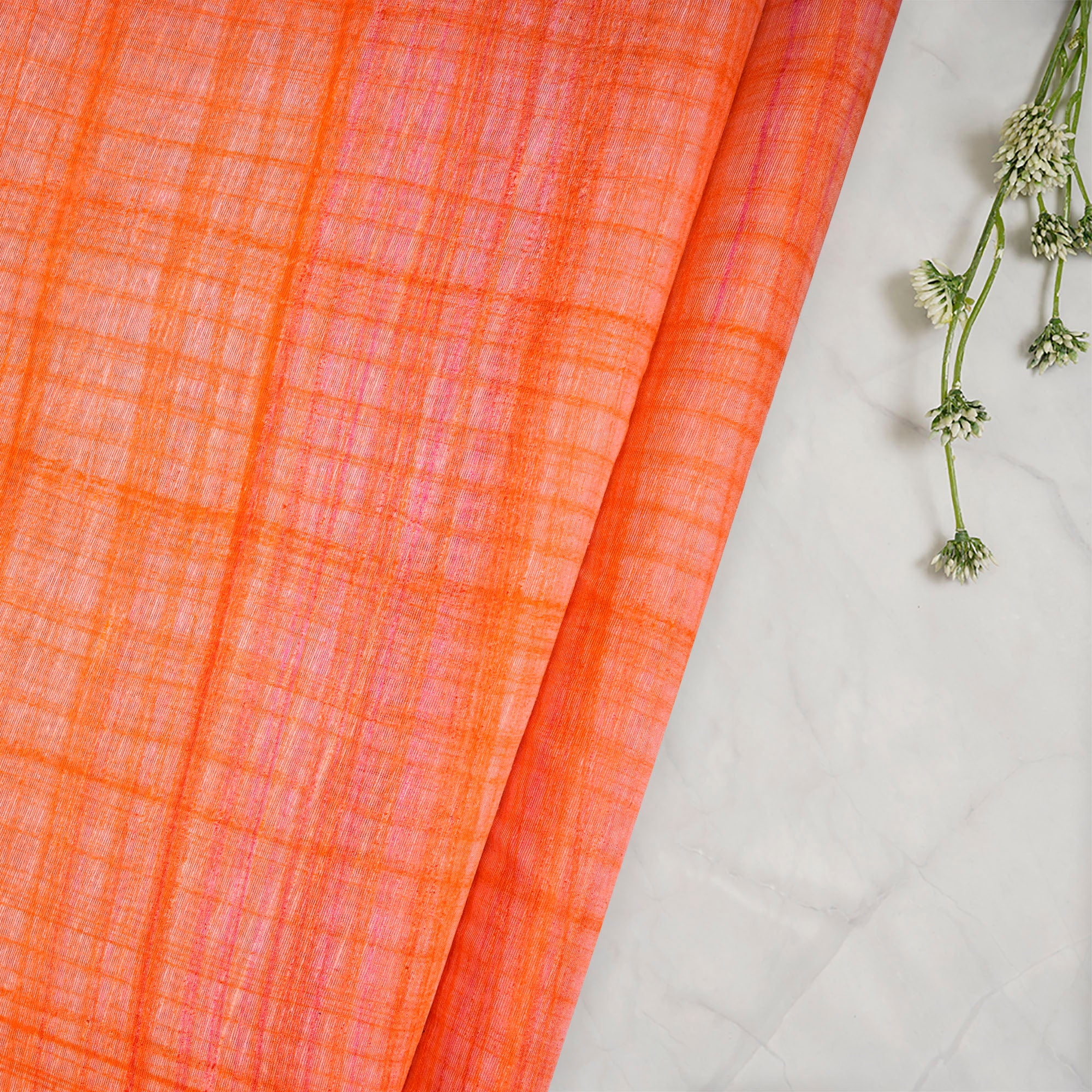(Pre-Cut 1.65 Mtr)Orange Check Pattern Screen Printed Noile Silk Fabric
