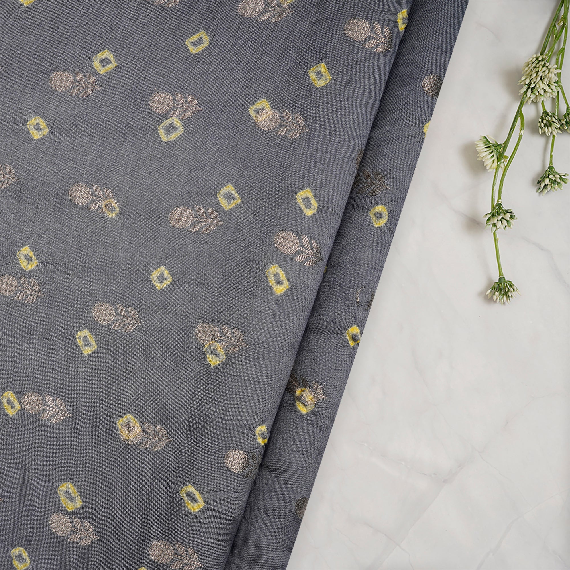(Pre-Cut 1.45 Mtr)Grey Bandhani Pattern Chiniya Jari Jacquard Silk Fabric