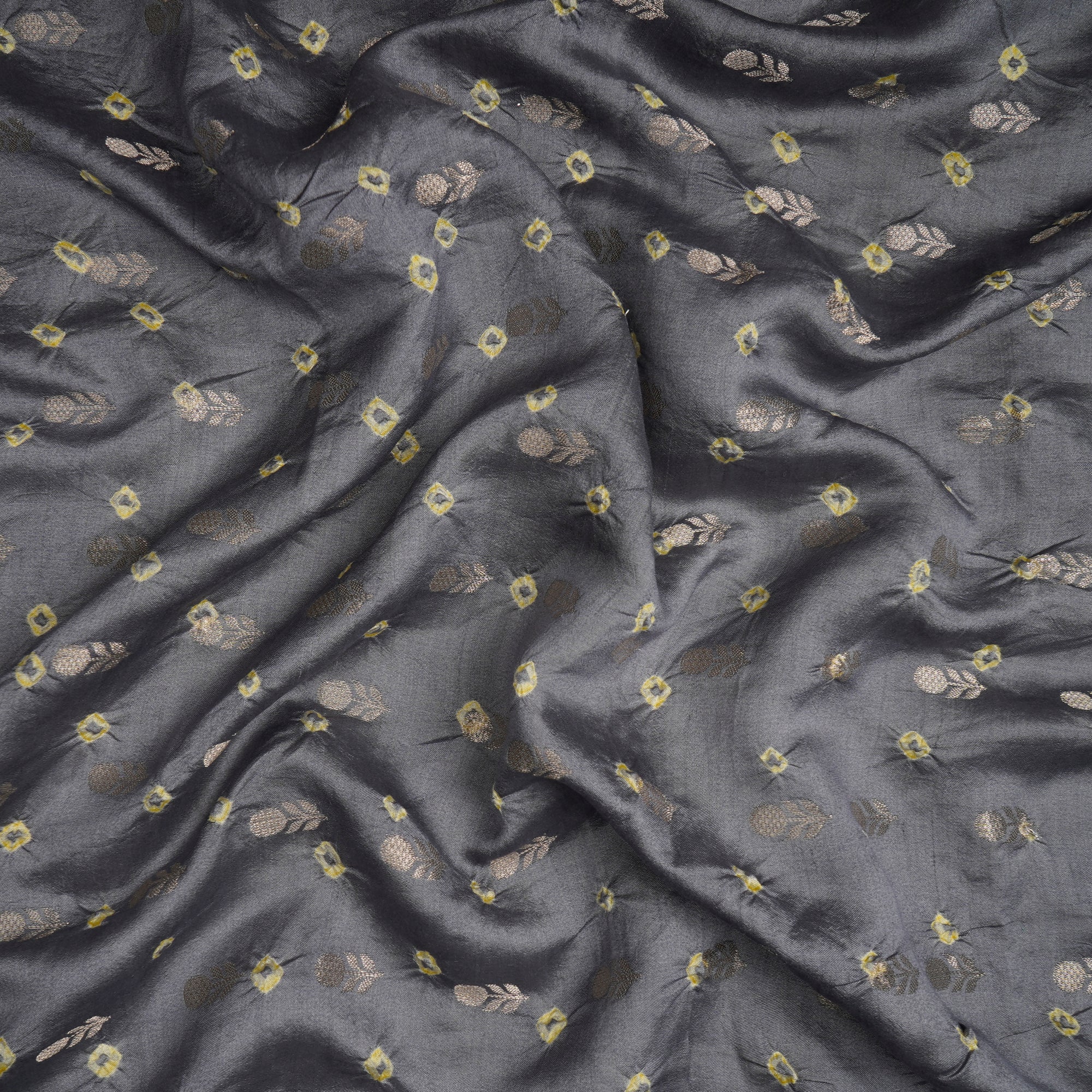 (Pre-Cut 1.45 Mtr)Grey Bandhani Pattern Chiniya Jari Jacquard Silk Fabric