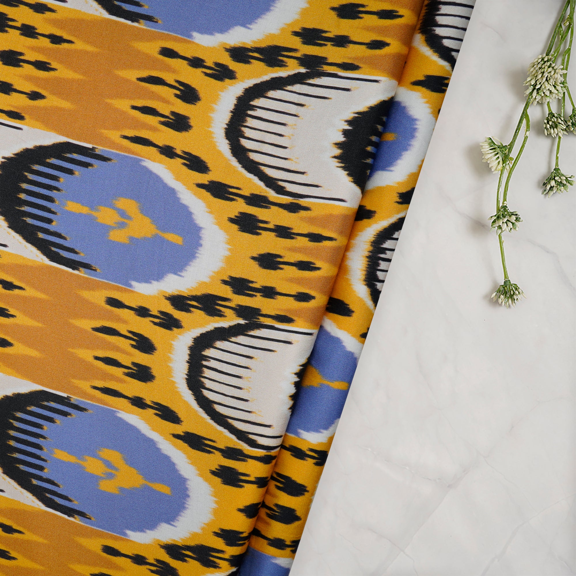 (Pre-Cut 1.20 Mtr)Mustard Ikat Pattern Digital Print Modal Satin Fabric