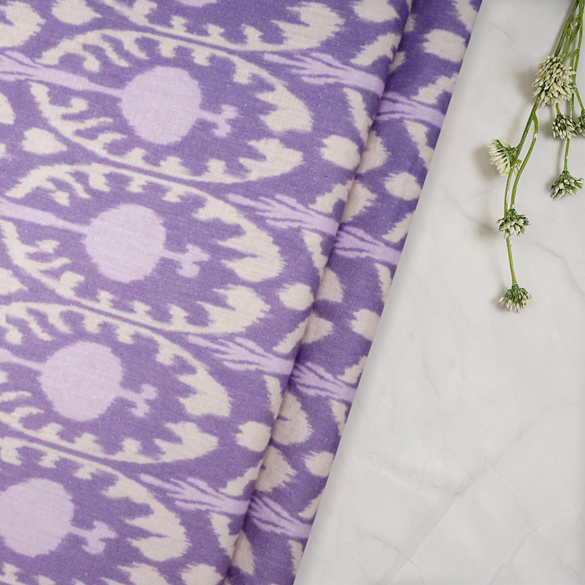 (Pre-Cut 0.65 Mtr)Lavender Ikat Pattern Digital Print Fancy Linen Fabric
