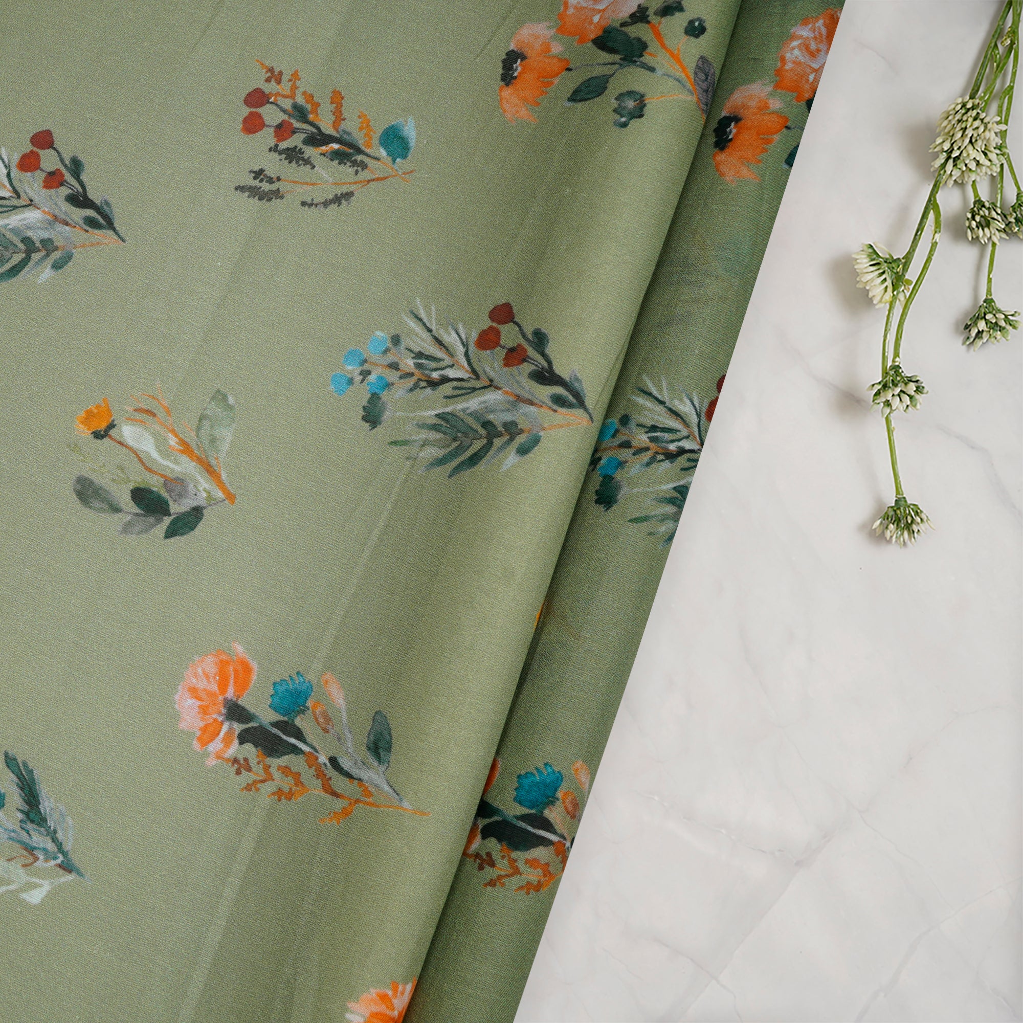 (Pre-Cut 1.10 Mtr)Green Floral Pattern Digital Print Voile Cotton Fabric