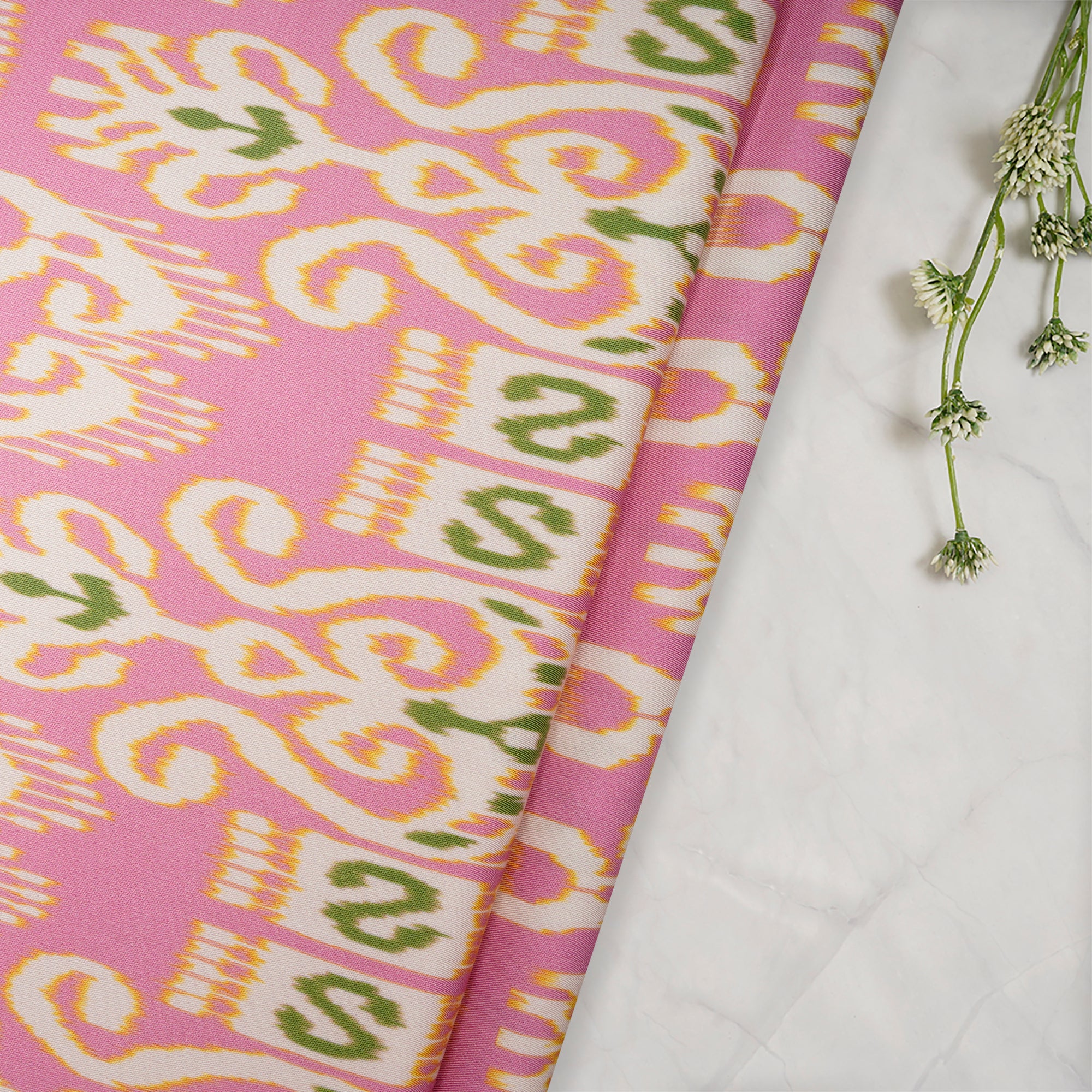 (Pre-Cut 4.70 Mtr) Pink Ikat Pattern Digital Print Fancy Linen Fabric