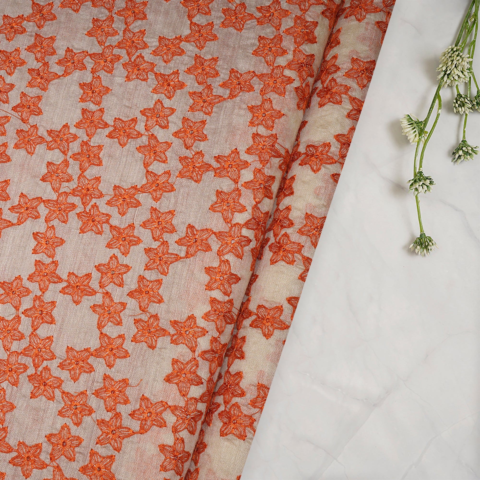 (Pre-Cut 1.90 Mtr)Beige Floral Pattern Thread Embroidered Muga Silk Fabric