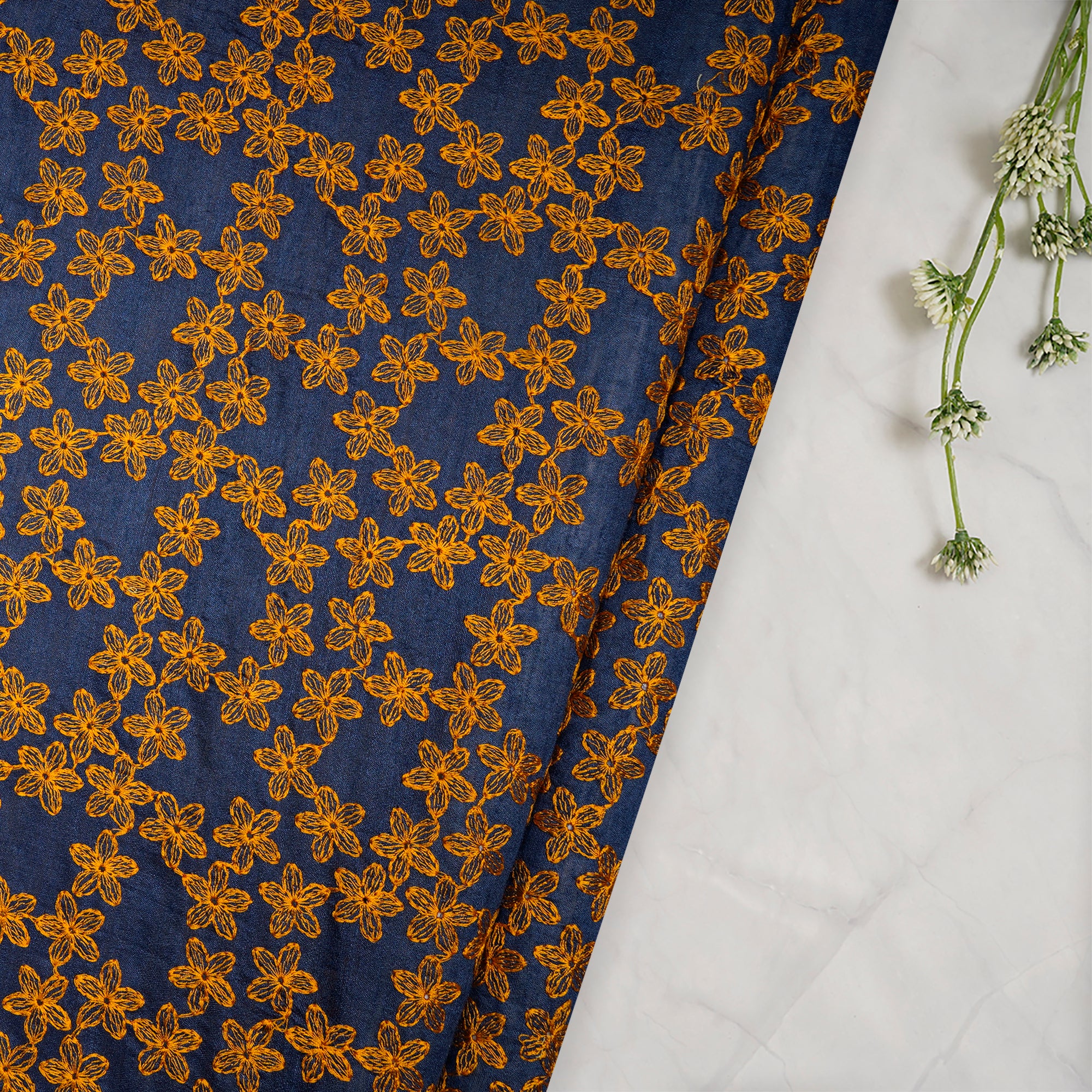 (Pre-Cut 4.00 Mtr)Navy Blue All Over Pattern Thread Embroidered Muga Silk Fabric