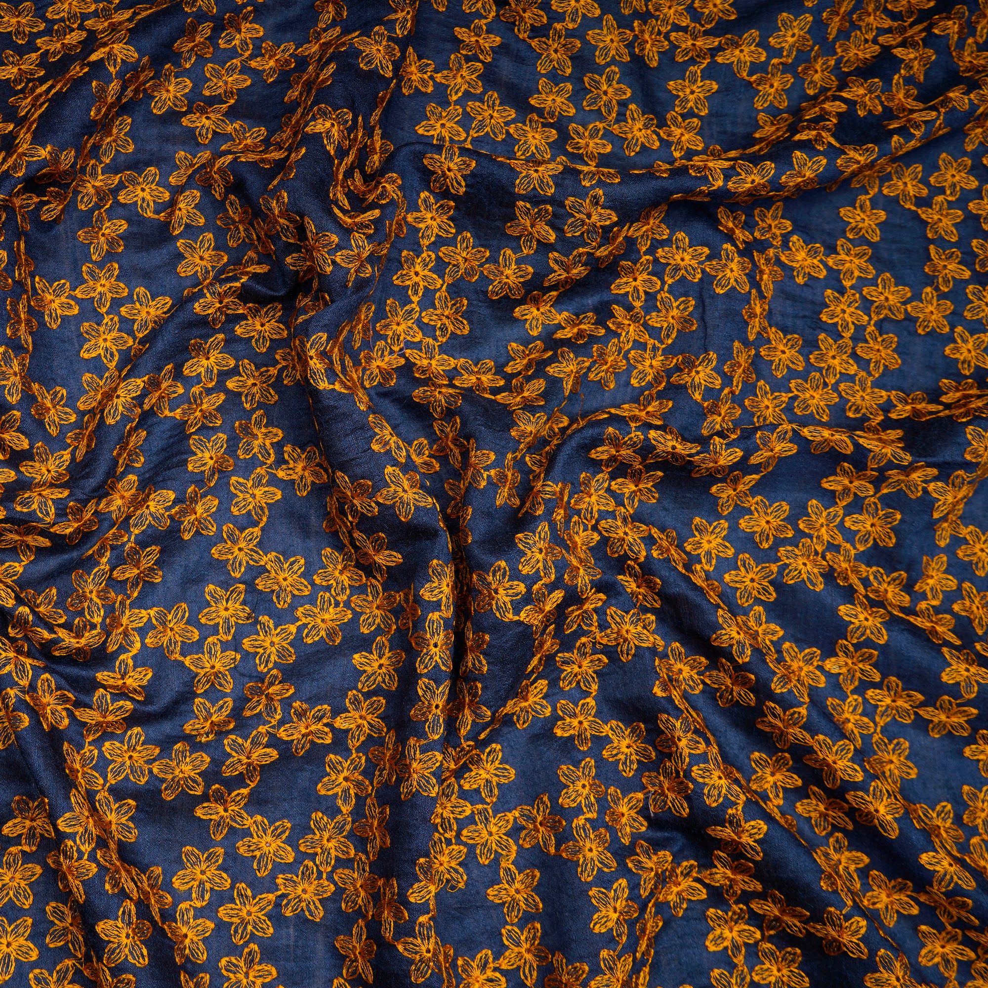 (Pre-Cut 4.00 Mtr)Navy Blue All Over Pattern Thread Embroidered Muga Silk Fabric