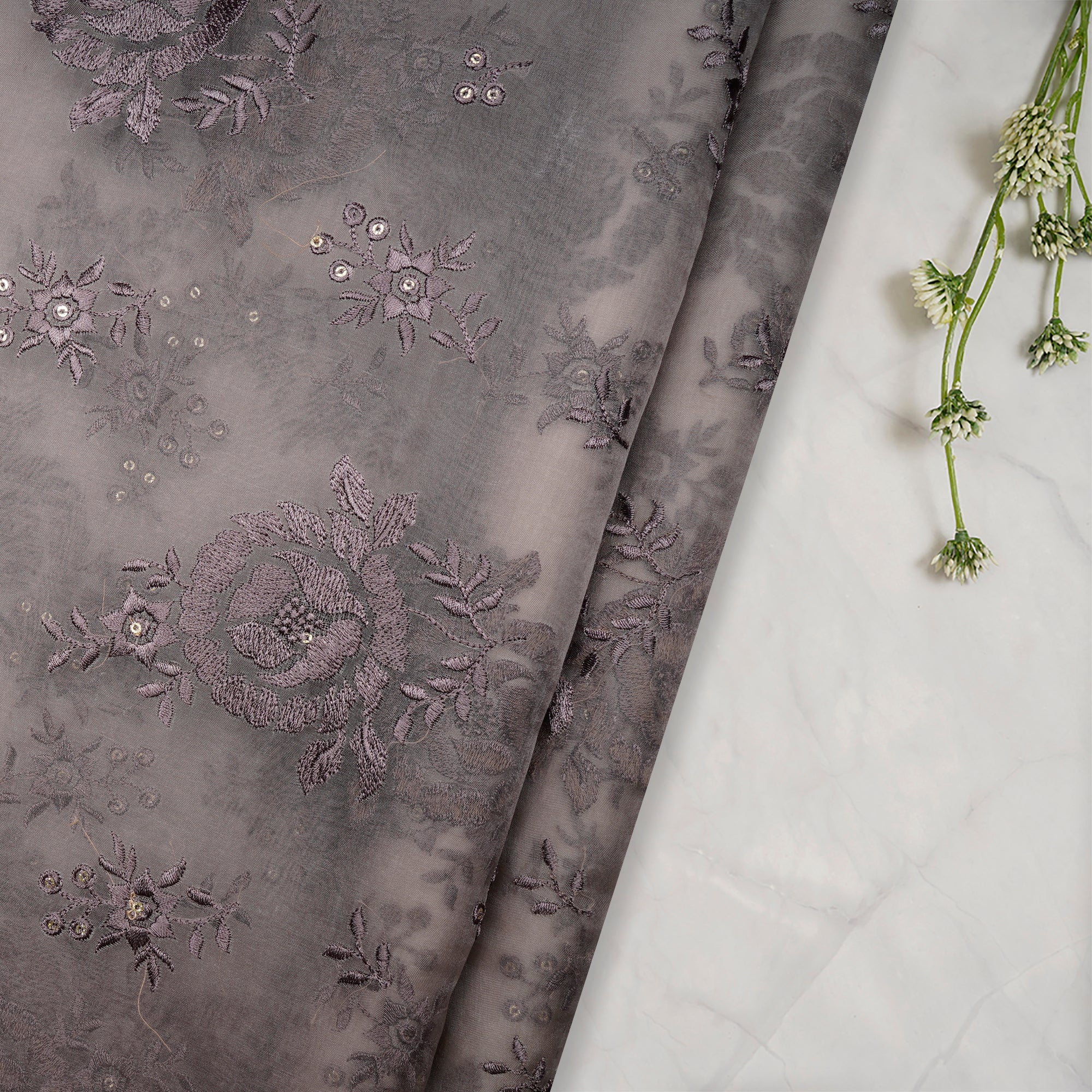 (Pre-Cut 1.00 Mtr)Gull Gray Floral Pattern Sequins Embroidered Organza Silk Fabric