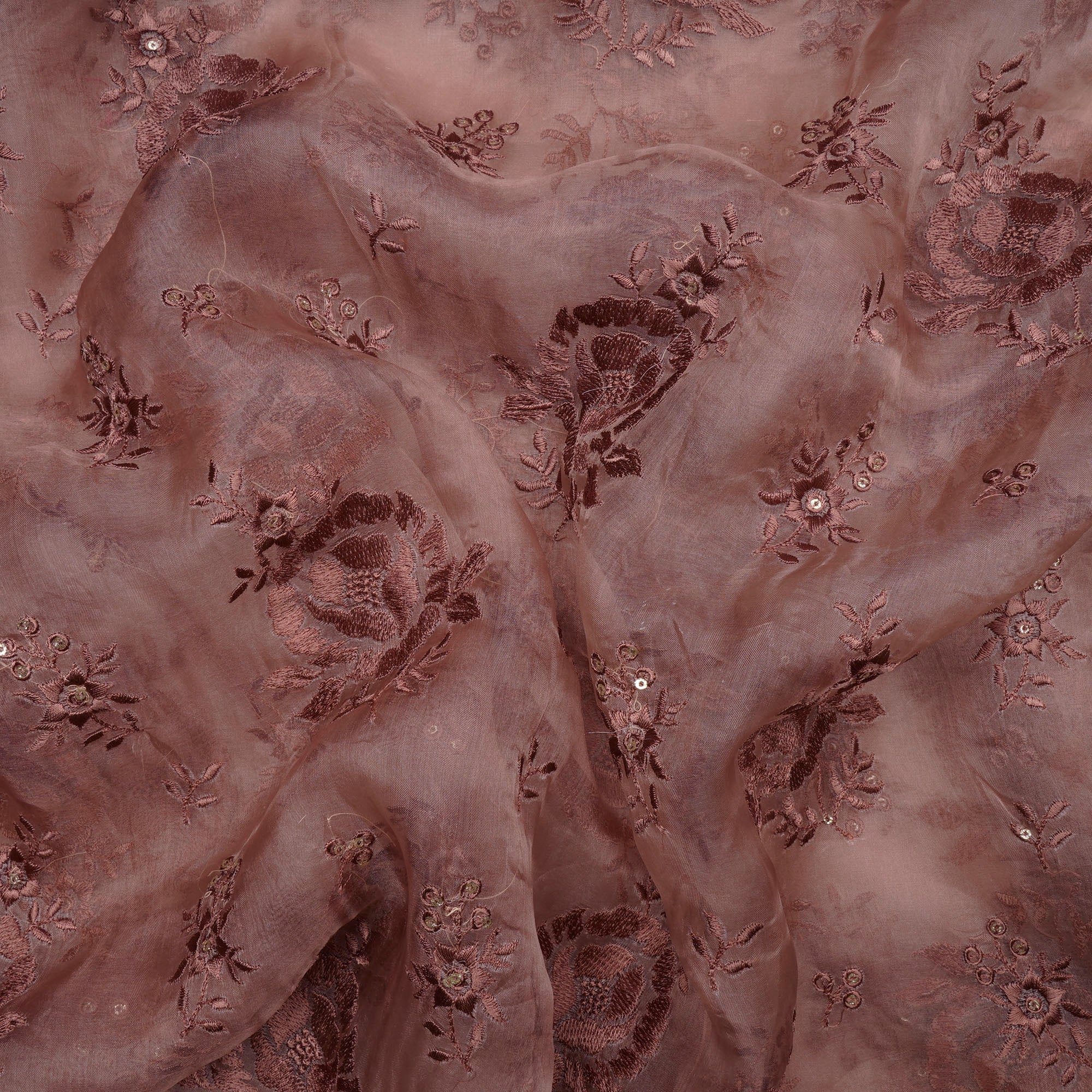 (Pre-Cut 3.30 Mtr)Shrimp Floral Pattern Thread & Sequins Embroidered Organza Silk Fabric