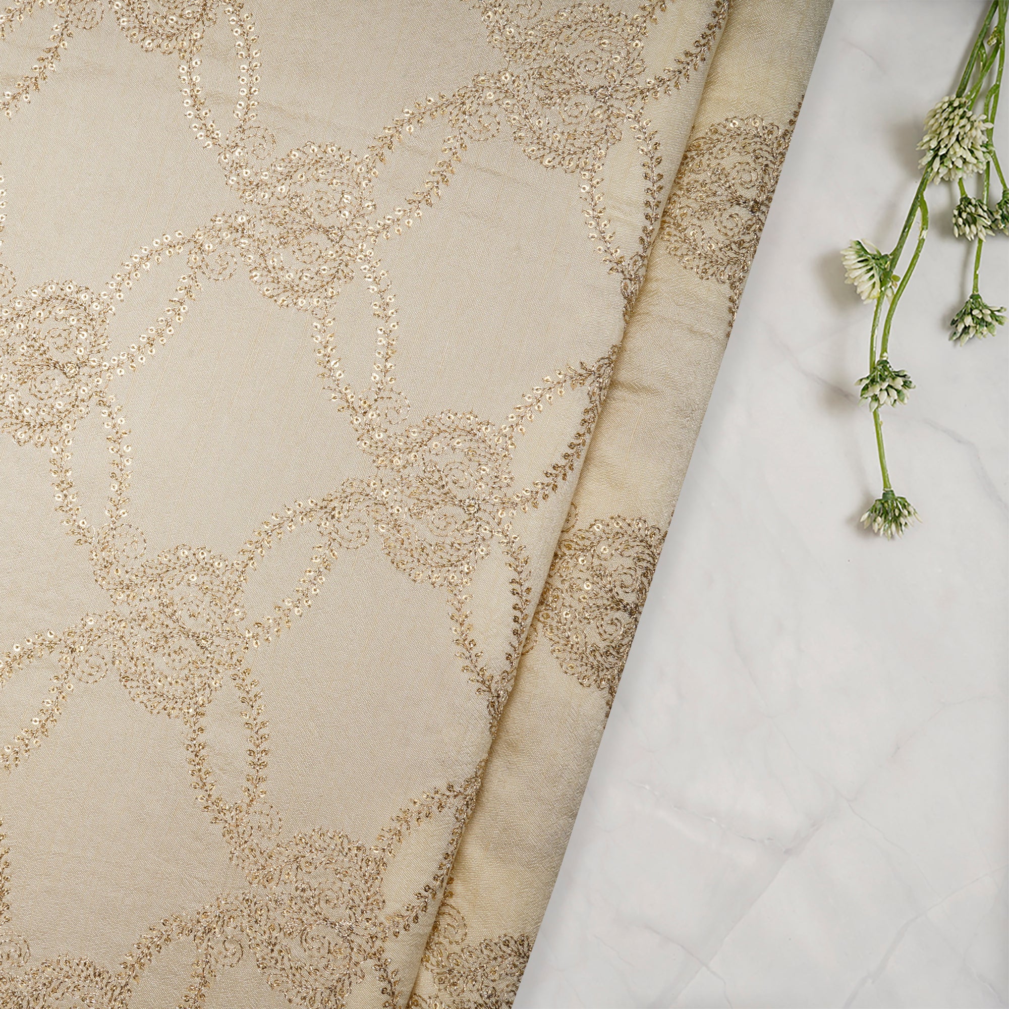 (Pre-Cut 2.40 Mtr)Off-White Dyeable All Over Pattern Zari Embroidered Viscose Mysore Silk Fabric