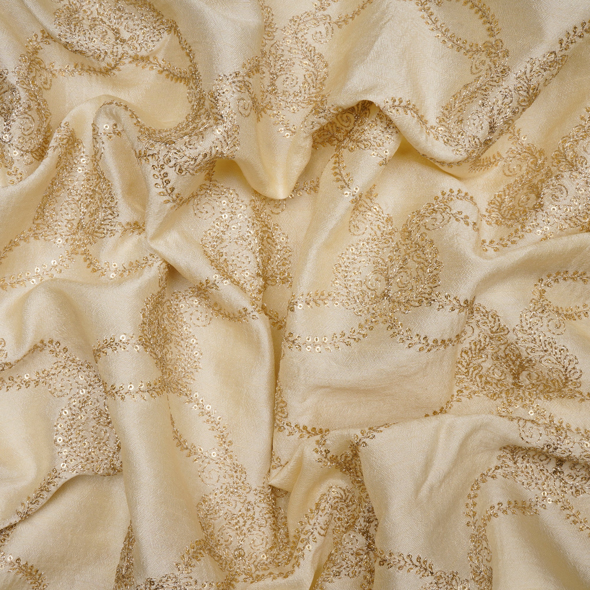 (Pre-Cut 2.40 Mtr)Off-White Dyeable All Over Pattern Zari Embroidered Viscose Mysore Silk Fabric