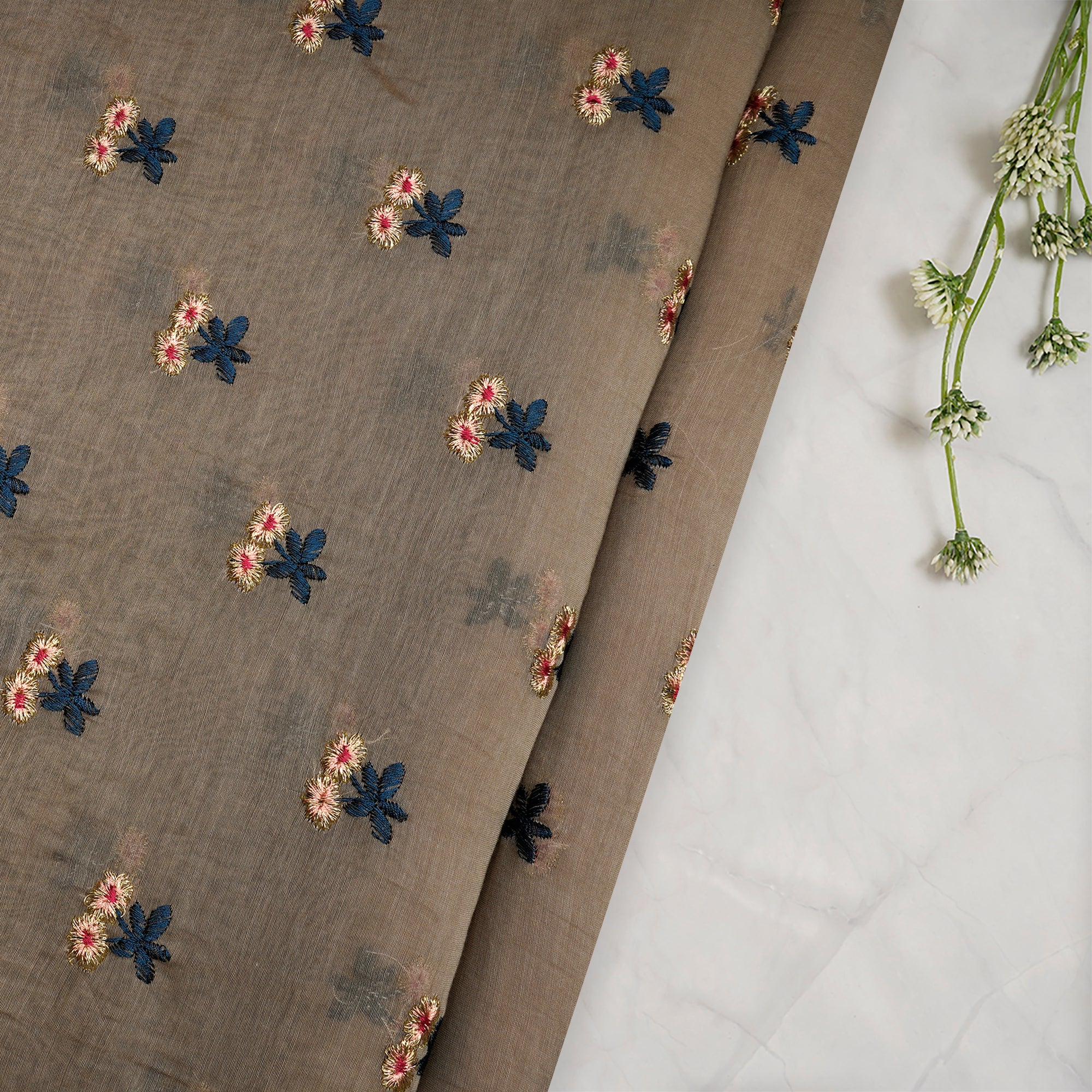 (Pre-Cut 1.50 Mtr)Doeskin Booti Pattern Thread Embroidered Chanderi Fabric