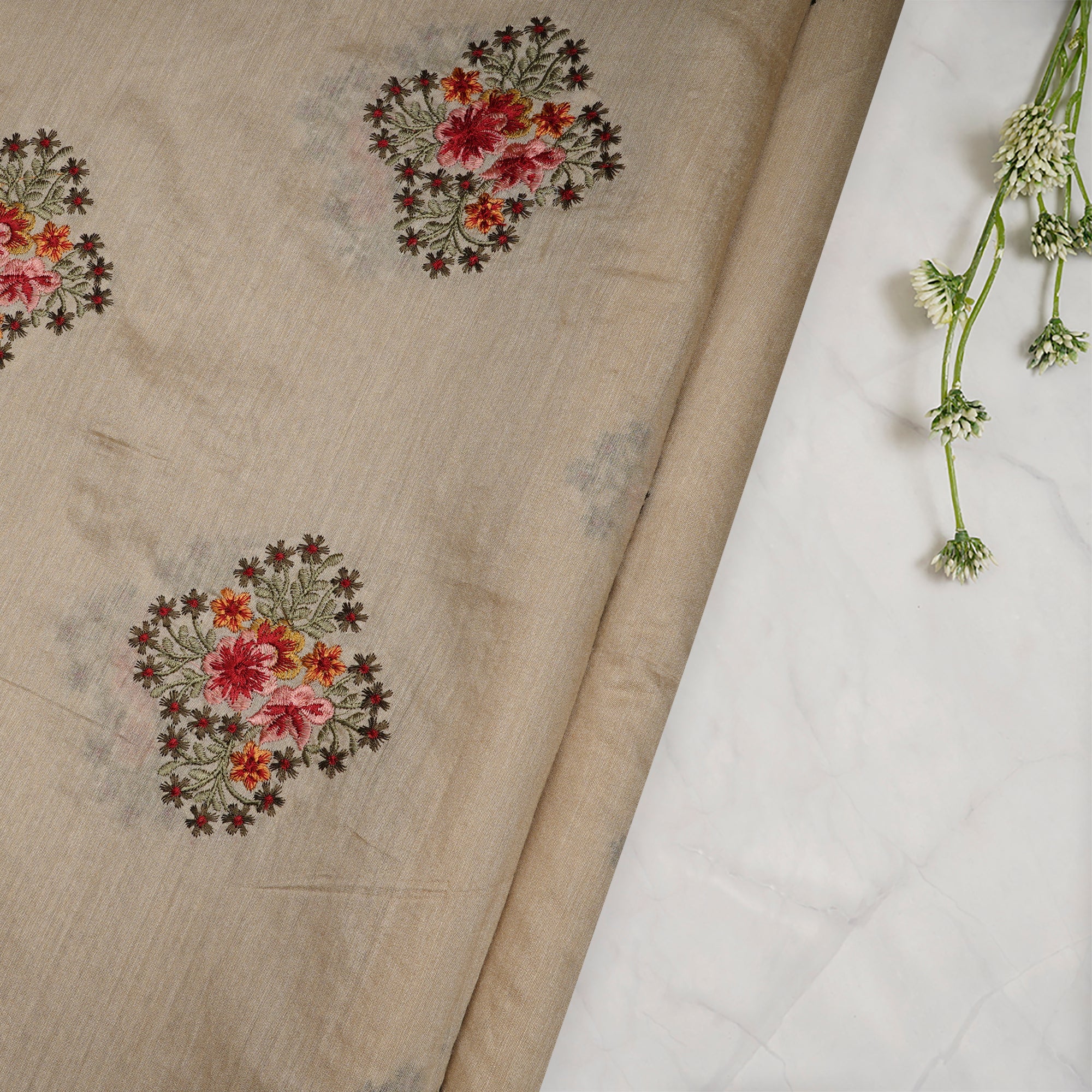 (Pre-Cut 1.95 Mtr)Beige Floral Pattern Thread Embroidered Muga Silk Fabric