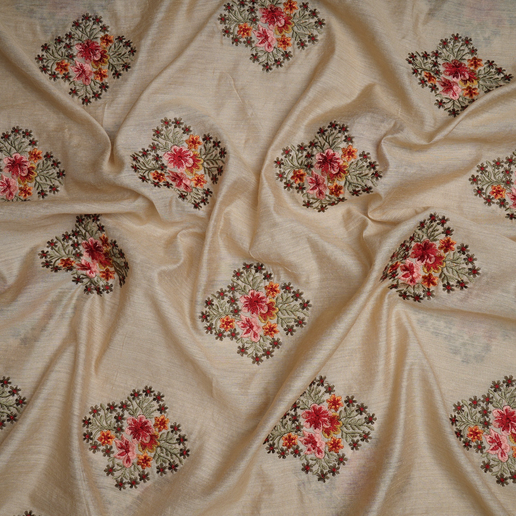 (Pre-Cut 1.95 Mtr)Beige Floral Pattern Thread Embroidered Muga Silk Fabric