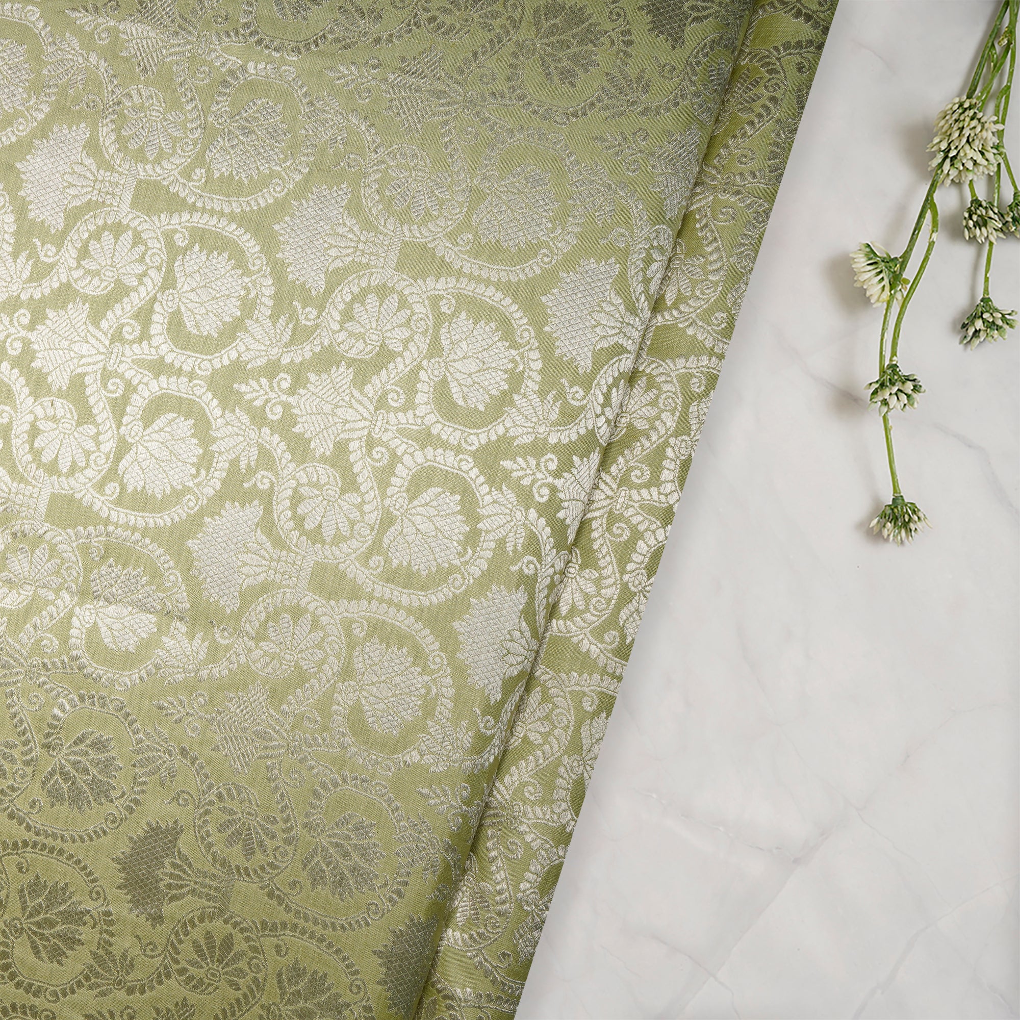 (Pre-Cut 1.55 Mtr)Light Green Handwoven Premium Banarasi Brocade Silk Fabric