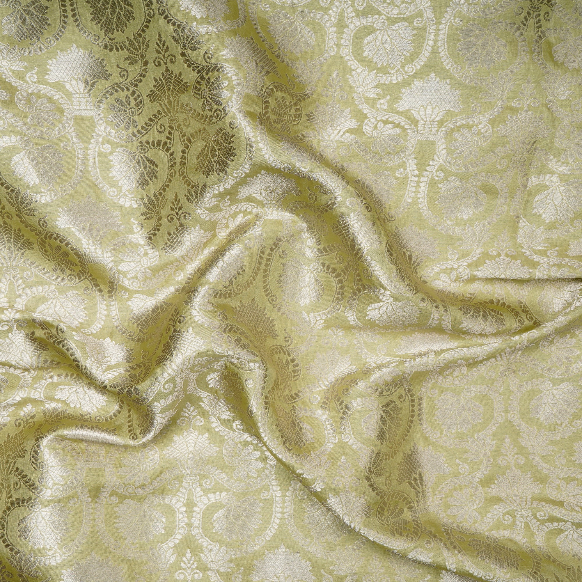(Pre-Cut 1.55 Mtr)Light Green Handwoven Premium Banarasi Brocade Silk Fabric