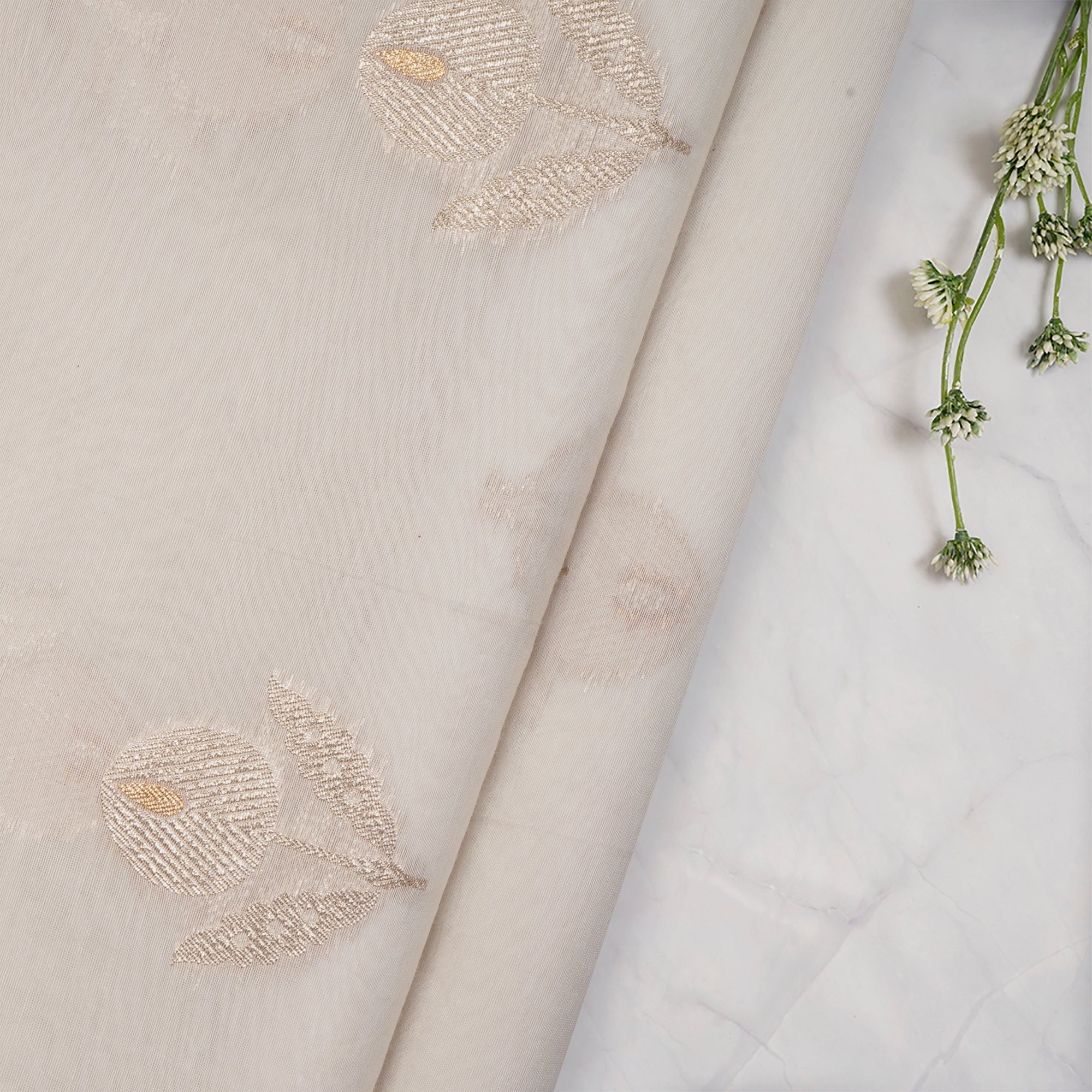 (Pre-Cut 2.00 Mtr)Off-White Silver Dyeable Fancy Chanderi Jacquard Fabric