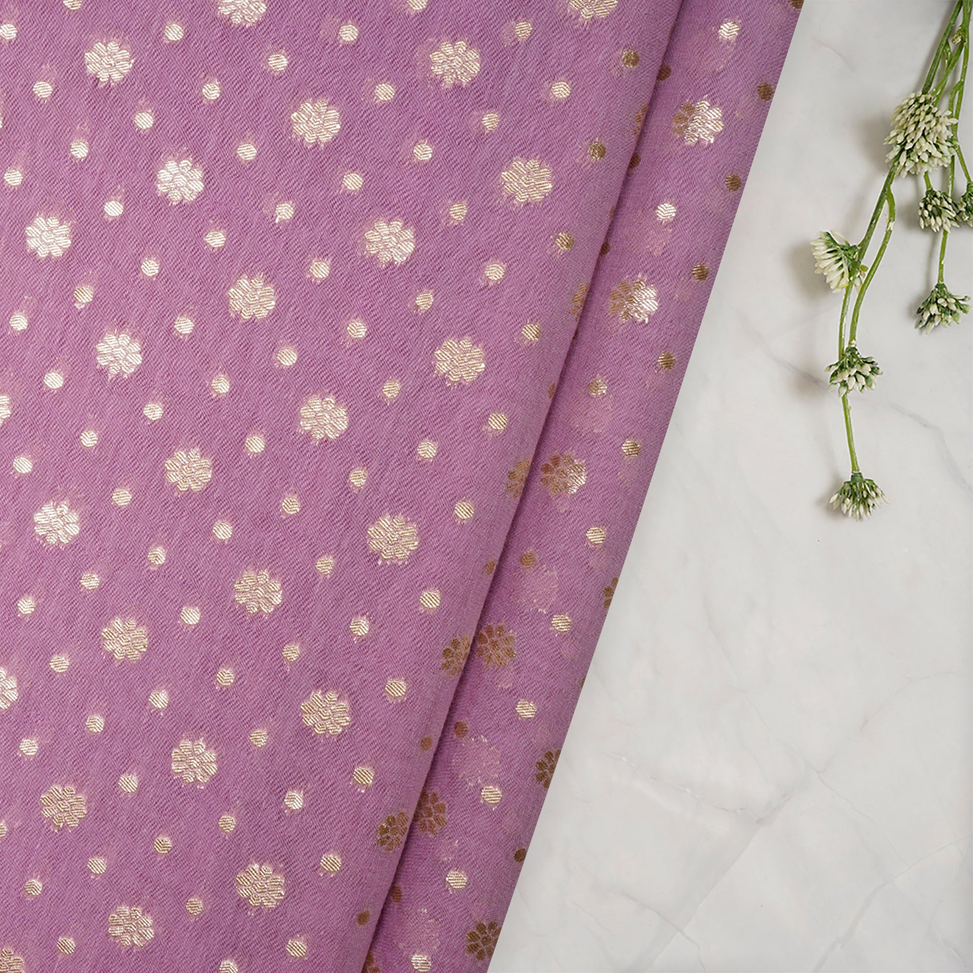 (Pre-Cut 3.55 Mtr)Purple All Over Pattern Jacquard Silk-Cotton Fabric