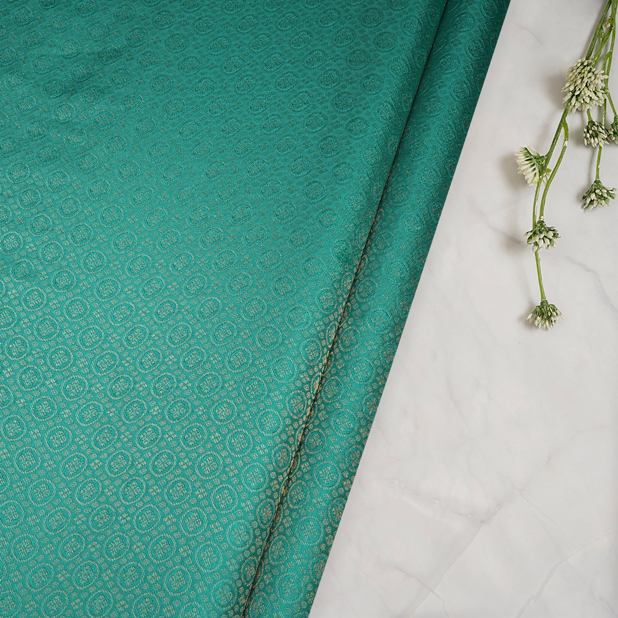 (Pre-Cut 1.30 Mtr)Green Booti Pattern Handwoven Brocade Jari Silk Fabric